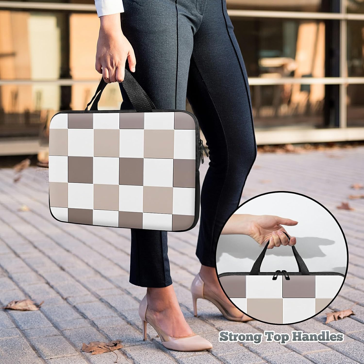 Laptop Sleeve Case Bag 15 inch, Brown Checkered Slim Carrying Case Handbag Travel Laptop Bag for 15 inch MacBook Air M3/M2/15 Pro/Surface Laptop 7/6/5/4/3/ Dell XPS 15 Plus
