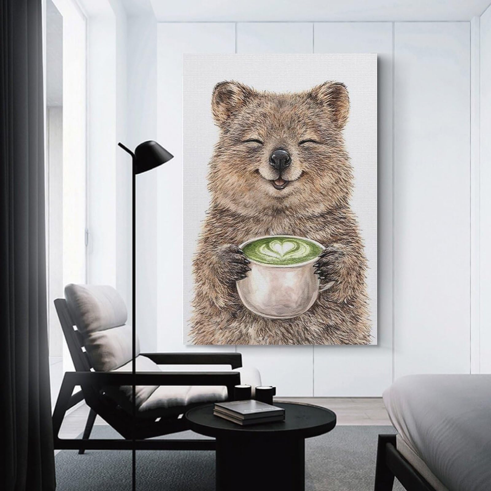 Junmoney Happy Quokka with Matcha Latte Canvas Art Print 24x36inch(60x90cm), for Office Decor, Home Working Or Creative Rooms, An Interior Accent for Desk Areas
