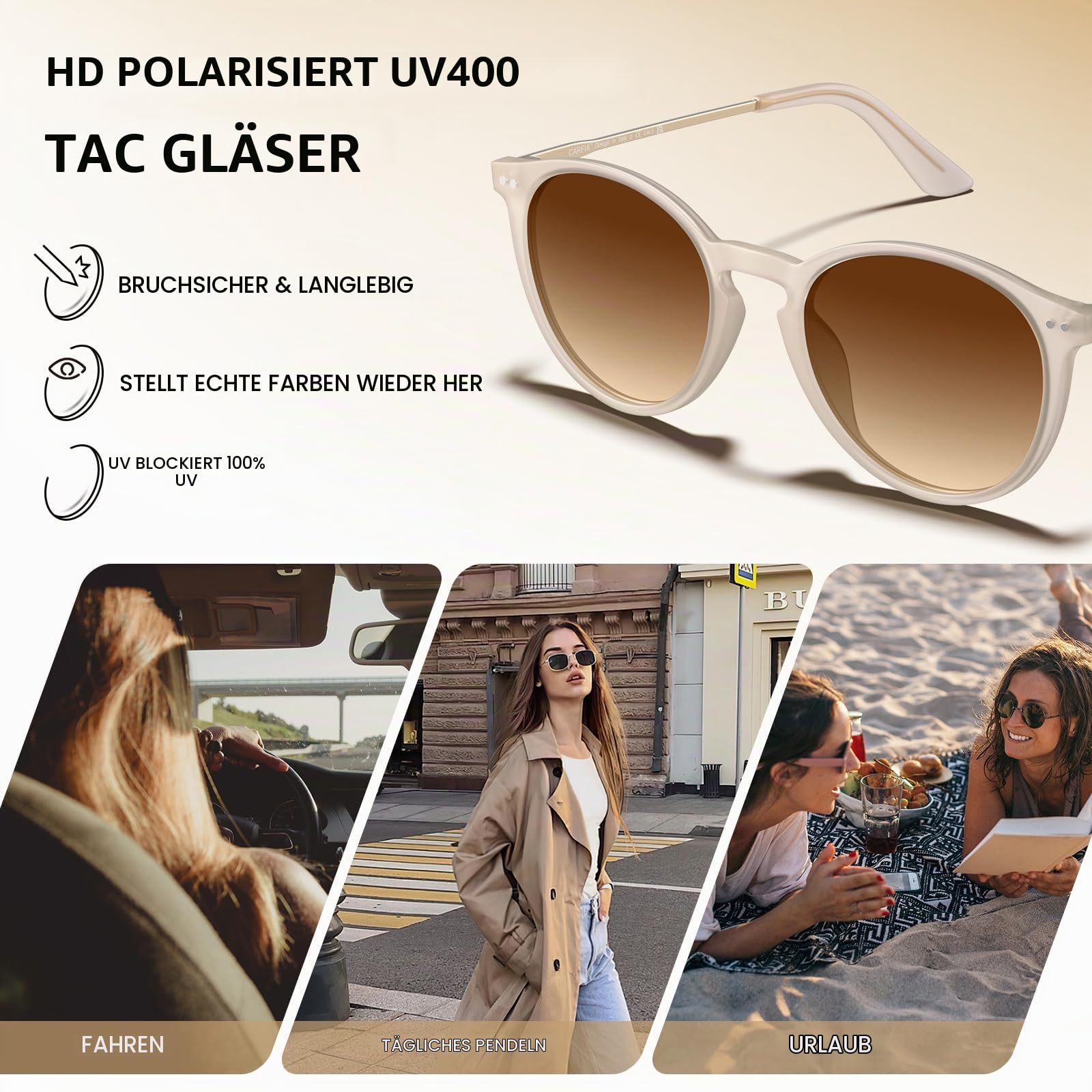 CARFIA Sonnenbrille Damen Herren Polarisiert Rund Rahmen UV400 Schutz