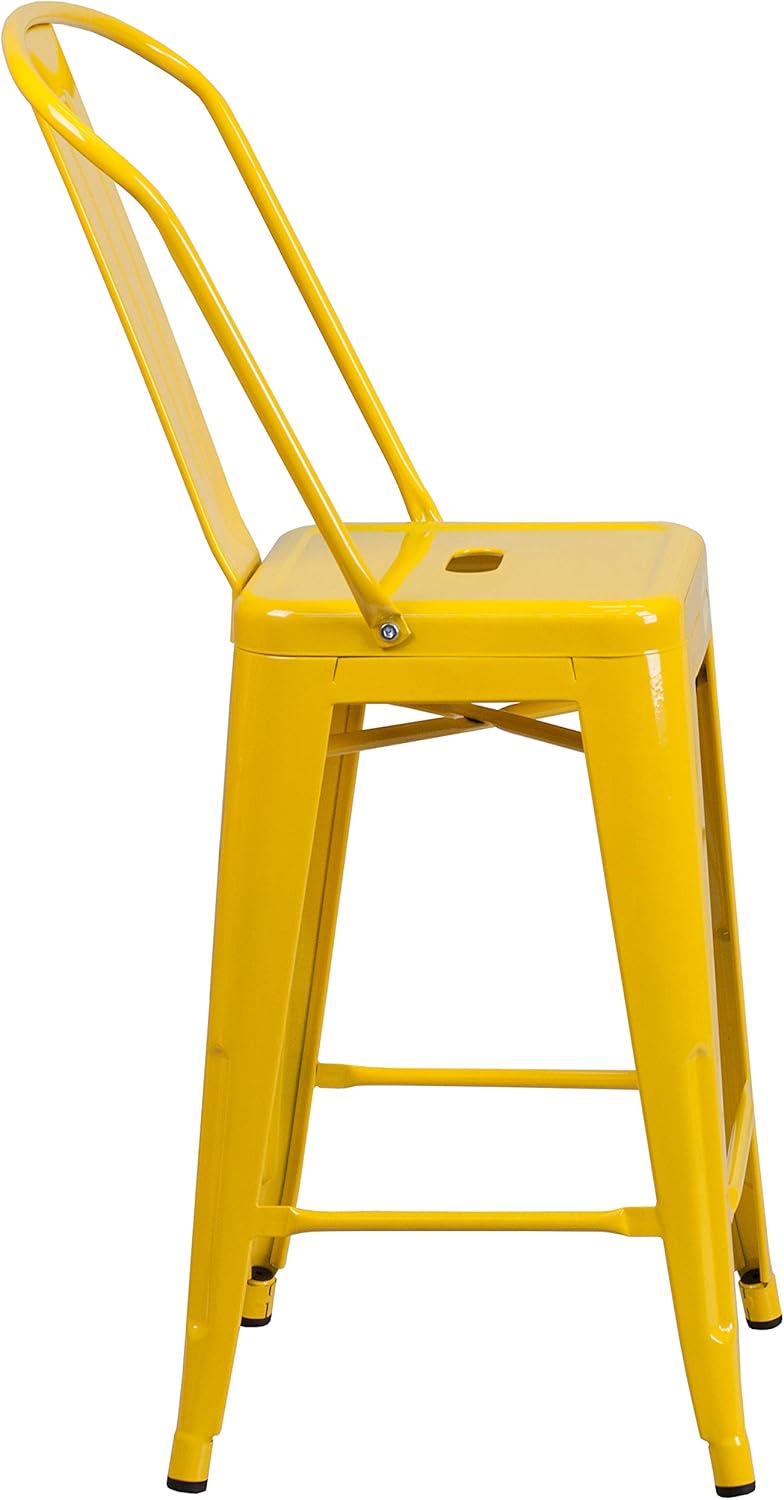 EMMA + OLIVER 4 Pack 24" High Yellow Metal Indoor-Outdoor Counter Height Stool with Back