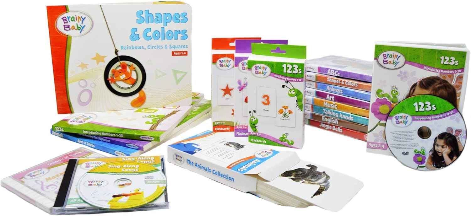 Brainy Baby Teach Your Child All In 1 Preschool Learning for a Lifetime System DVDs, Books, Flash Cards and CD Collection 9 Subjects