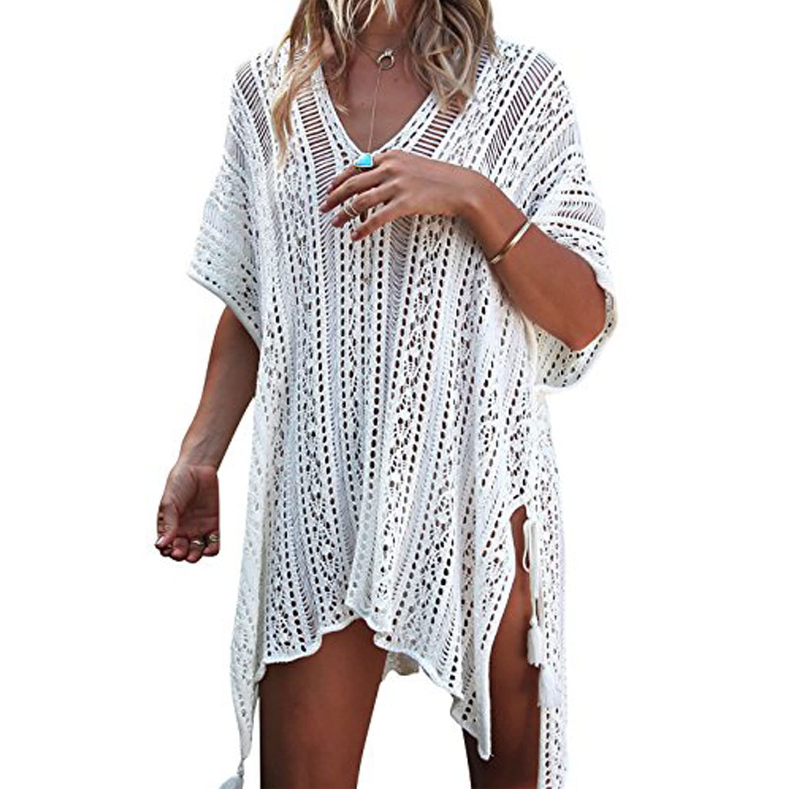 Tmeog Women's White Beachwear Cover Ups, Bathing Suit Cover Up Beach Bikini Swimsuit Swimwear Crochet Dress (White)