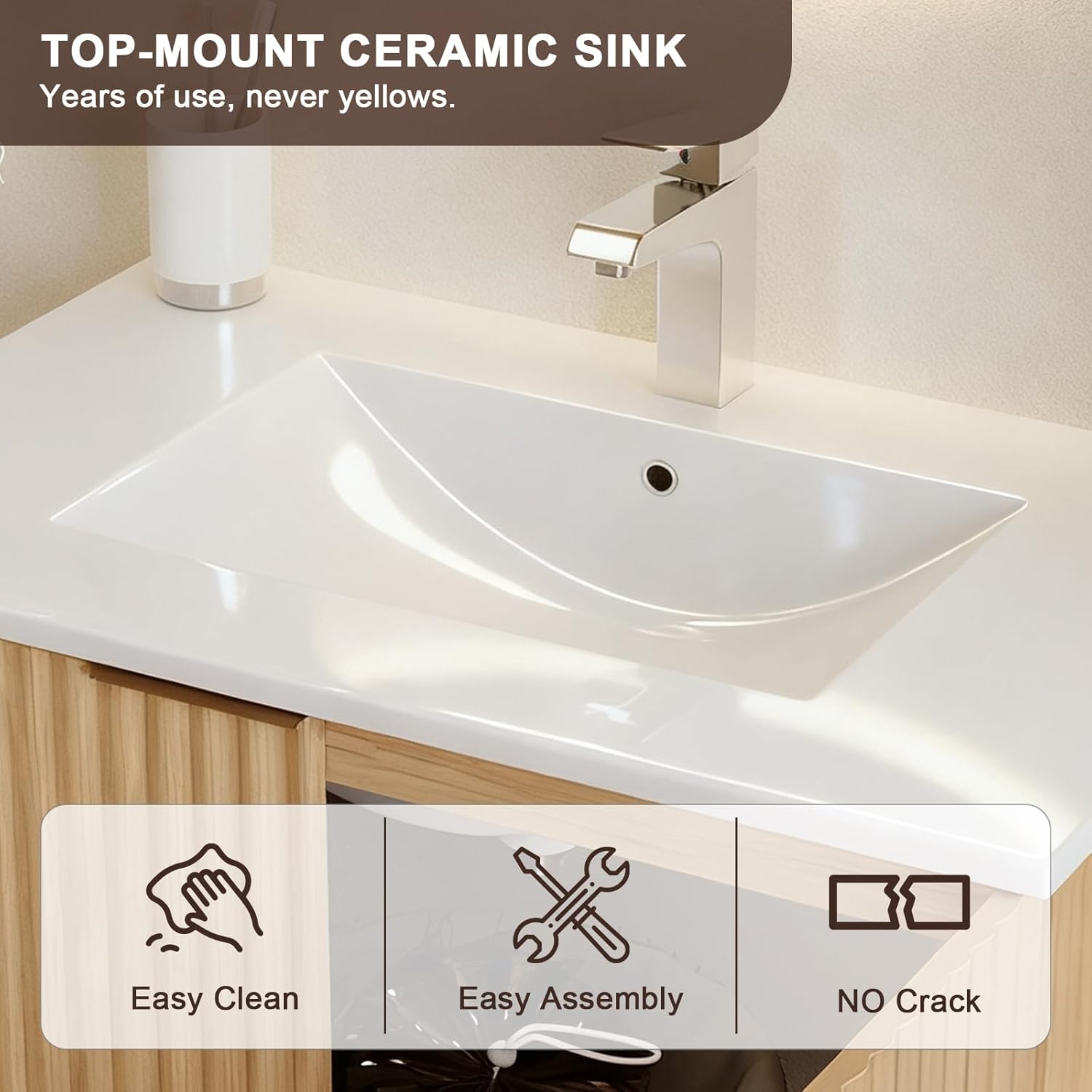 Modern Bathroom Vanity with Sink, Floating Wall Mount Cabinet with Wavy Textured Doors, Waterproof Storage for Small Bathroom, Soft-Close Design, Nature Wood (30")