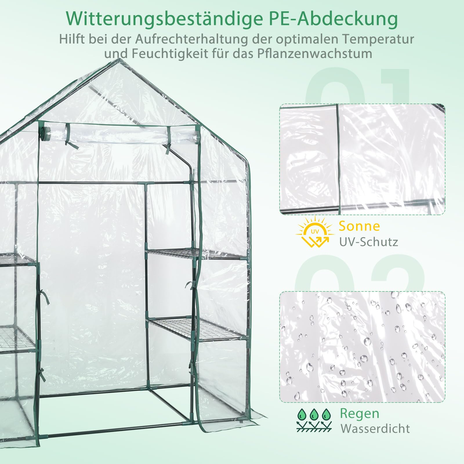 COSTWAY Gewächshaus Foliengewächshaus, Treibhaus mit 2 Pflanzenständern & aufrollbaren Tür, Tomatenhaus Tomaten, Pflanzenhaus mit PE Gitterfolie, 143x73x195cm, Weiß und transparent