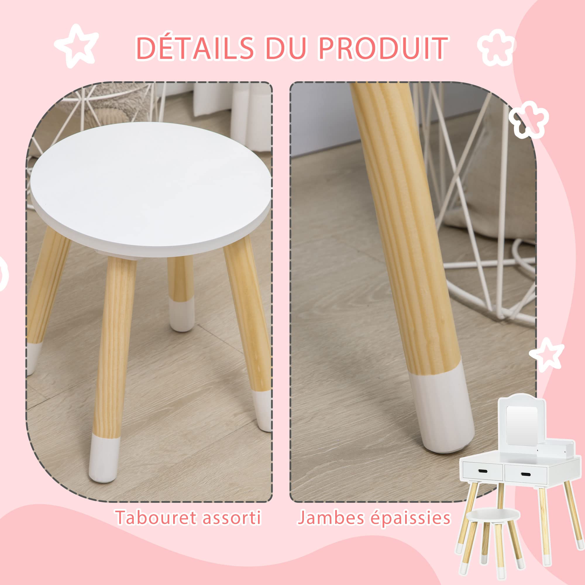 ZONEKIZ Coiffeuse Enfant Table de Maquillage avec Tabouret Miroir et 2 tiroirs 3 à 6 Ans - 60 x 40 x 95 cm - Blanc et Bois