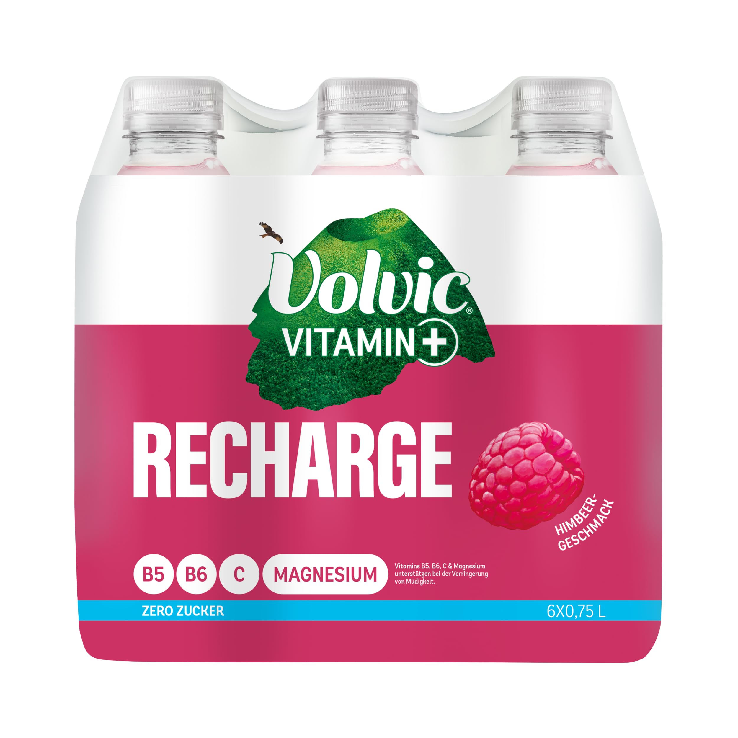 Volvic Vitamin+ Recharge Himbeere – Erfrischungsgetränk mit Magnesium und Vitaminen – Ohne Zucker und ohne Kalorien – 6 x 0,75 l