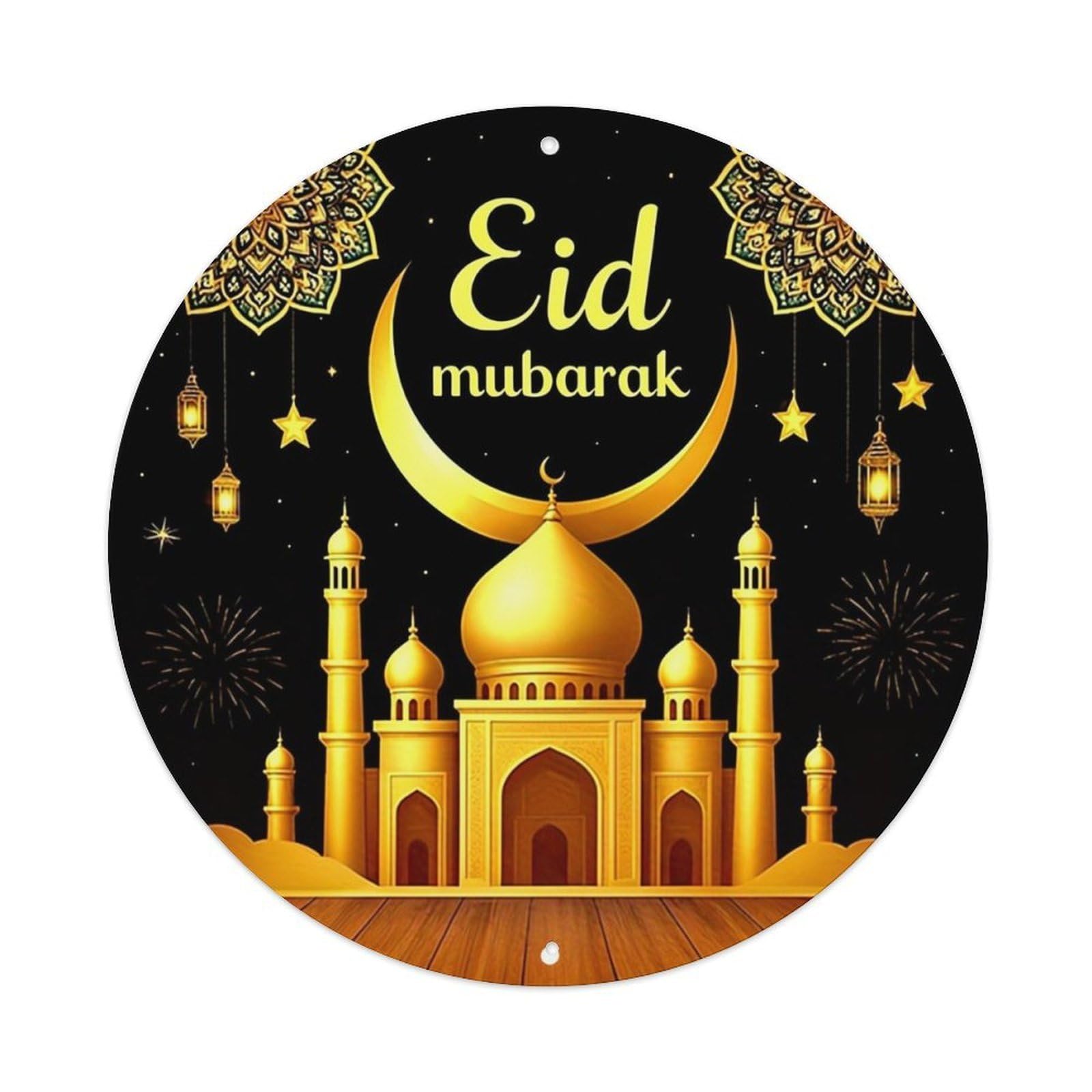 Eid Mubarak Golden Mosque Design Vintage Metal Tin Sign Retro Wall Decor for Home Bar Garage Cafe, Indoor & Outdoor Decorative，circle Metal Poster, 8x8 Inch