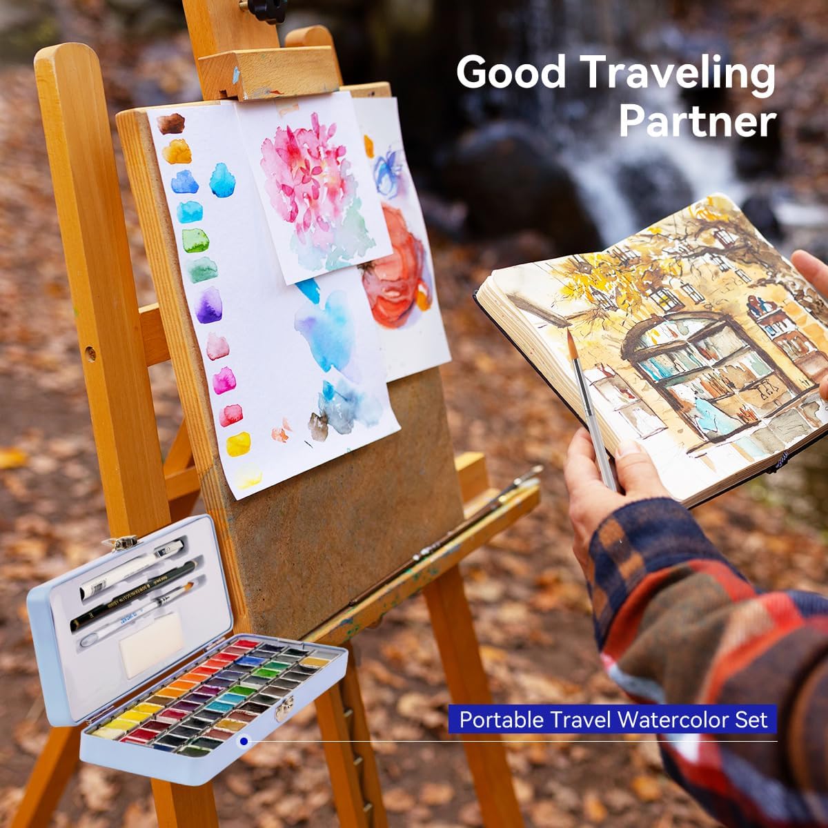 Travel Watercolor Set, 52 Colors Watercolor Paint with 1 Drawing Pencil, 1 Paint Brush, 5 Watercolor Paper, 1 Sponge & 1 Black Drawing Pen, Water Colors Paint Adults Set, Blue Case - Image 8