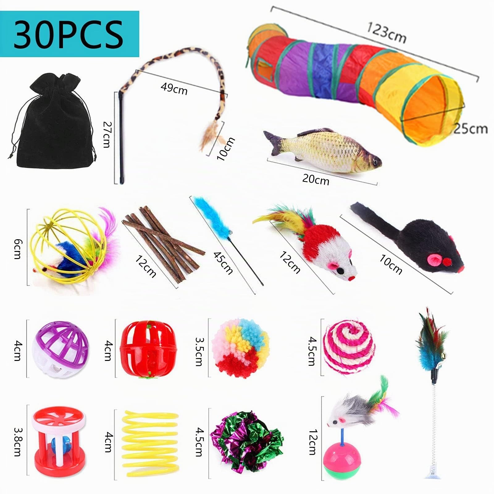 Jouets Chat,30 Pièces Kit Jouet Chats,Jouets pour Chats Interactif Jeux Chaton avec Tunnel,Poisson,Souris,Plume,Balle Jeux Chaton