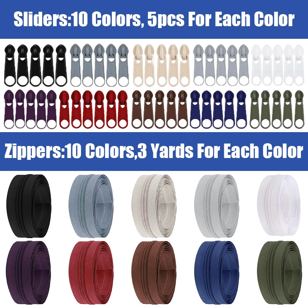 DOITEM Cerniere da 2,8 mm, in nylon, 28 m, set di cerniere infinite con cursore e cerniera per cucito e fai da te, 10 colori