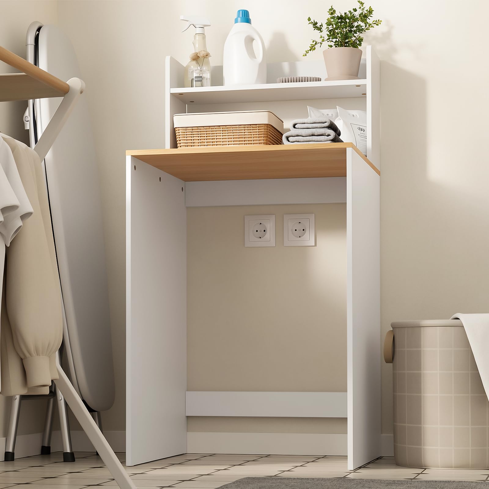 SoBuy Mueble Lavadora con Barandilla Anticaída 66x60x127 cm para Lavandería | Estantería Lavadora, Armario Baño con Encimera, Mueble Auxiliar Baño Blanco y Madera Natural BZR224-WN