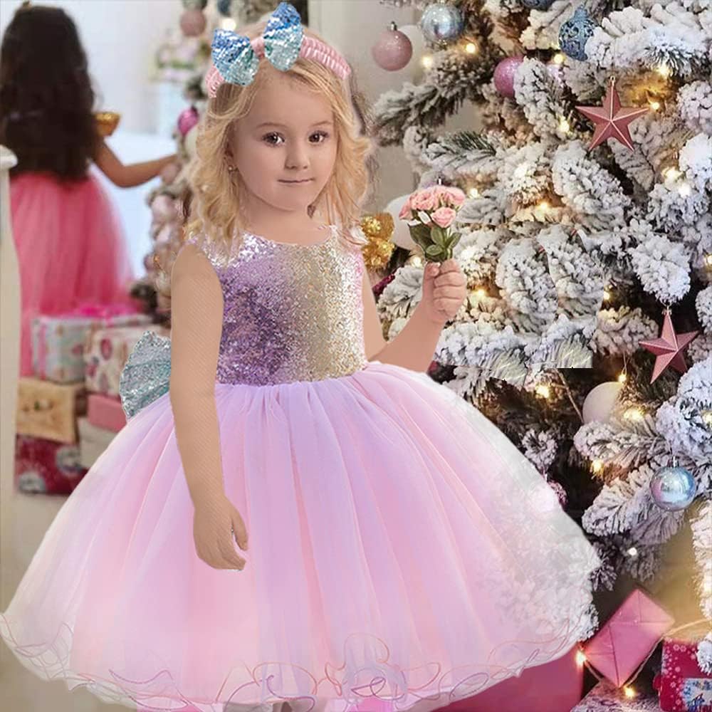12M-6Y Baby Dress Sequins Bowknot Flower Girls Lace Wedding Pageant Tutu Gown Dresses with Headwear