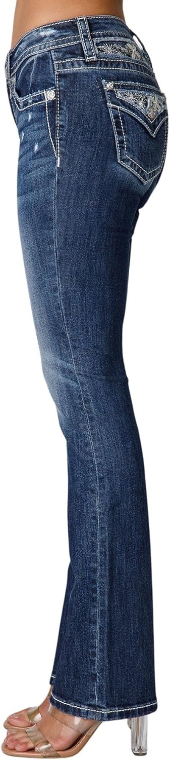 Miss Me Women's Delilah Mid-Rise Slim Bootcut Jeans with Floral Embellished Faux Flap Pockets
