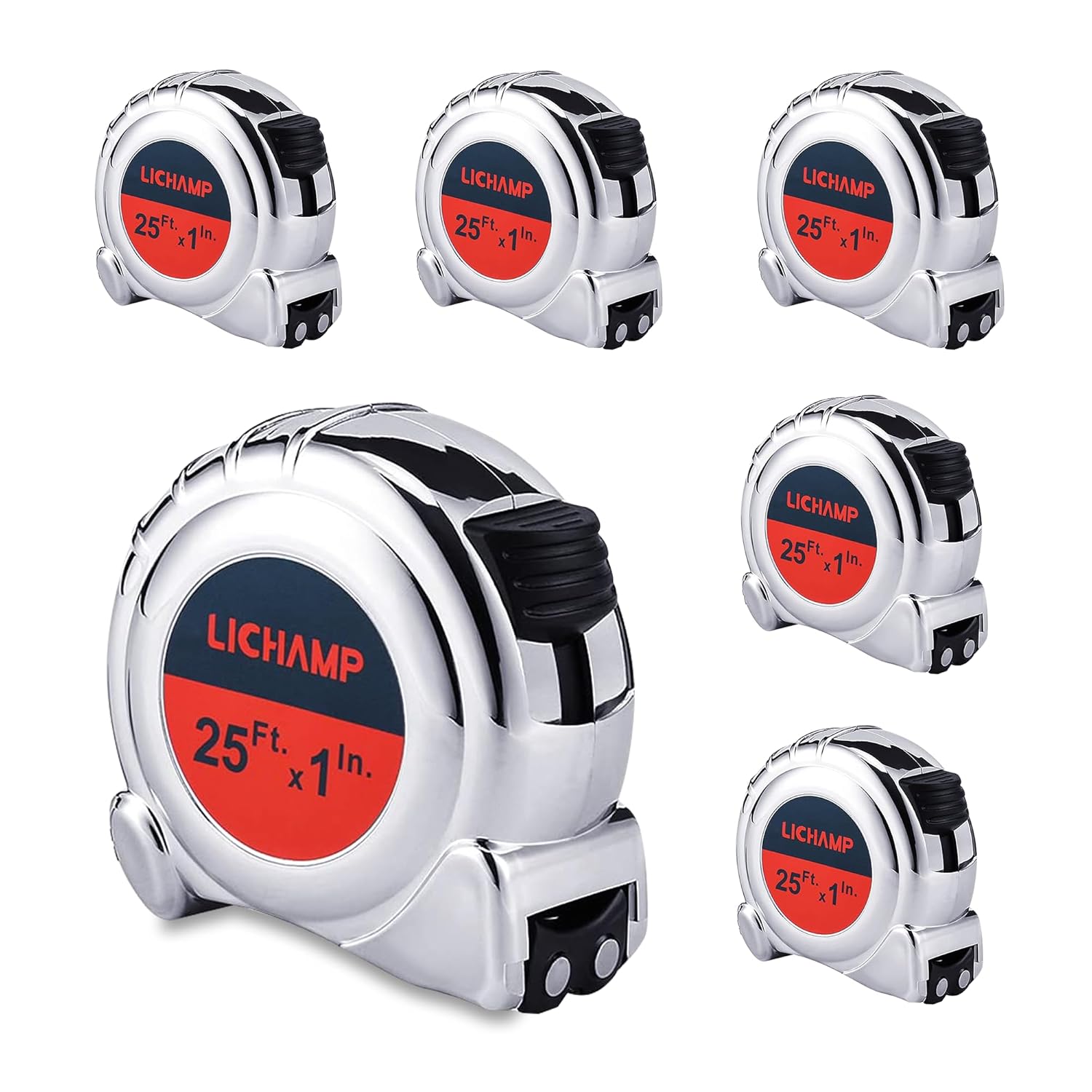 LICHAMP Tape Measure 25 ft with Magnetic, 6 Pack Bulk Easy Read Chrome Measuring Tape Retractable with Fractions 1/8, Measurement Tapes 25-Foot by 1-Inch, Round