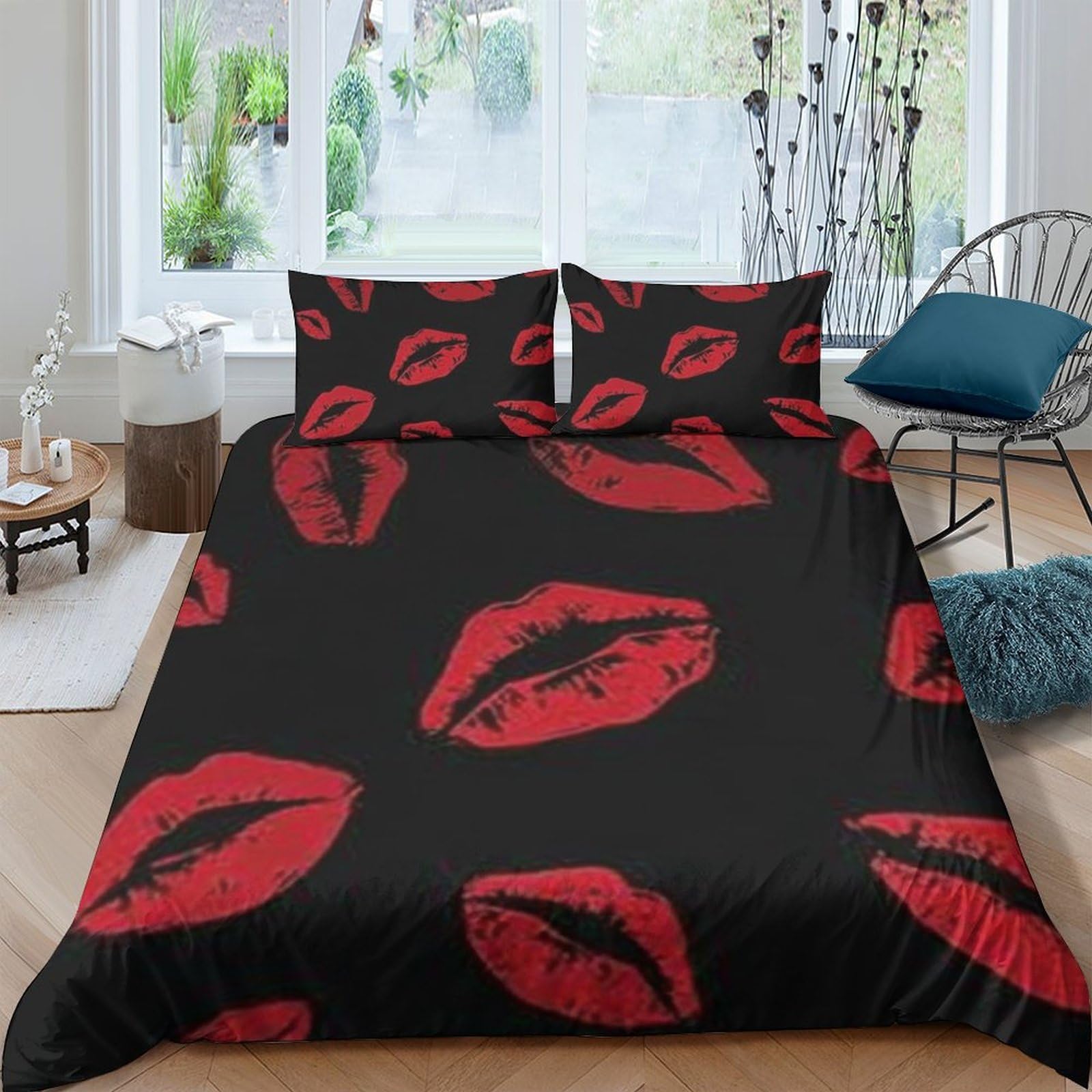 Ctjqhvkz Style-9 3D Printed Red Lip Print Fitted Sheet Microfiber Black Kiss Pattern Mattress Cover For Bedroom Guest Room Decor Single（135X200cm）