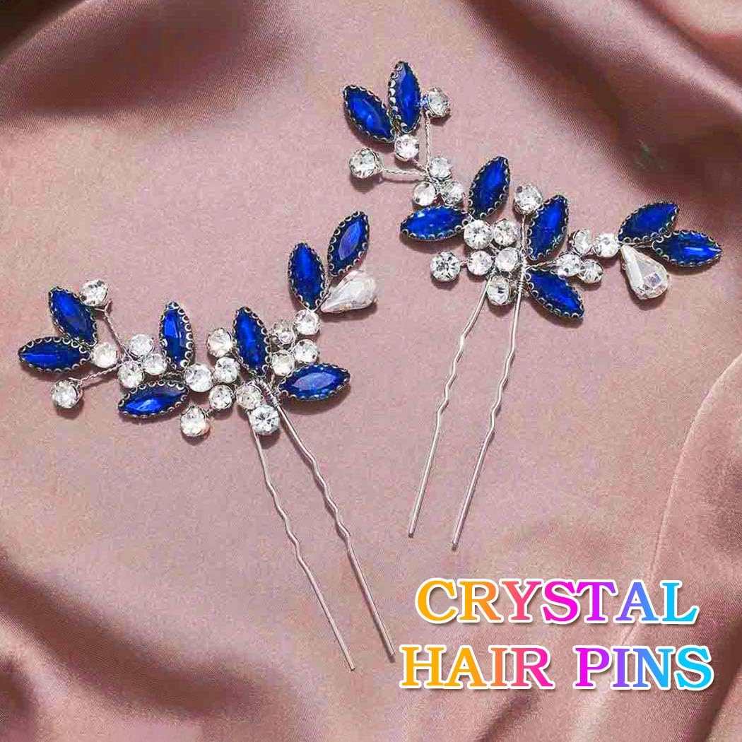 Casdre Crystal Bridal Hair Pins Rhinestone Bride Wedding Hair Piece Hair Accessories for Women and Girls (Pack of 2) (A Blue) - Image 5