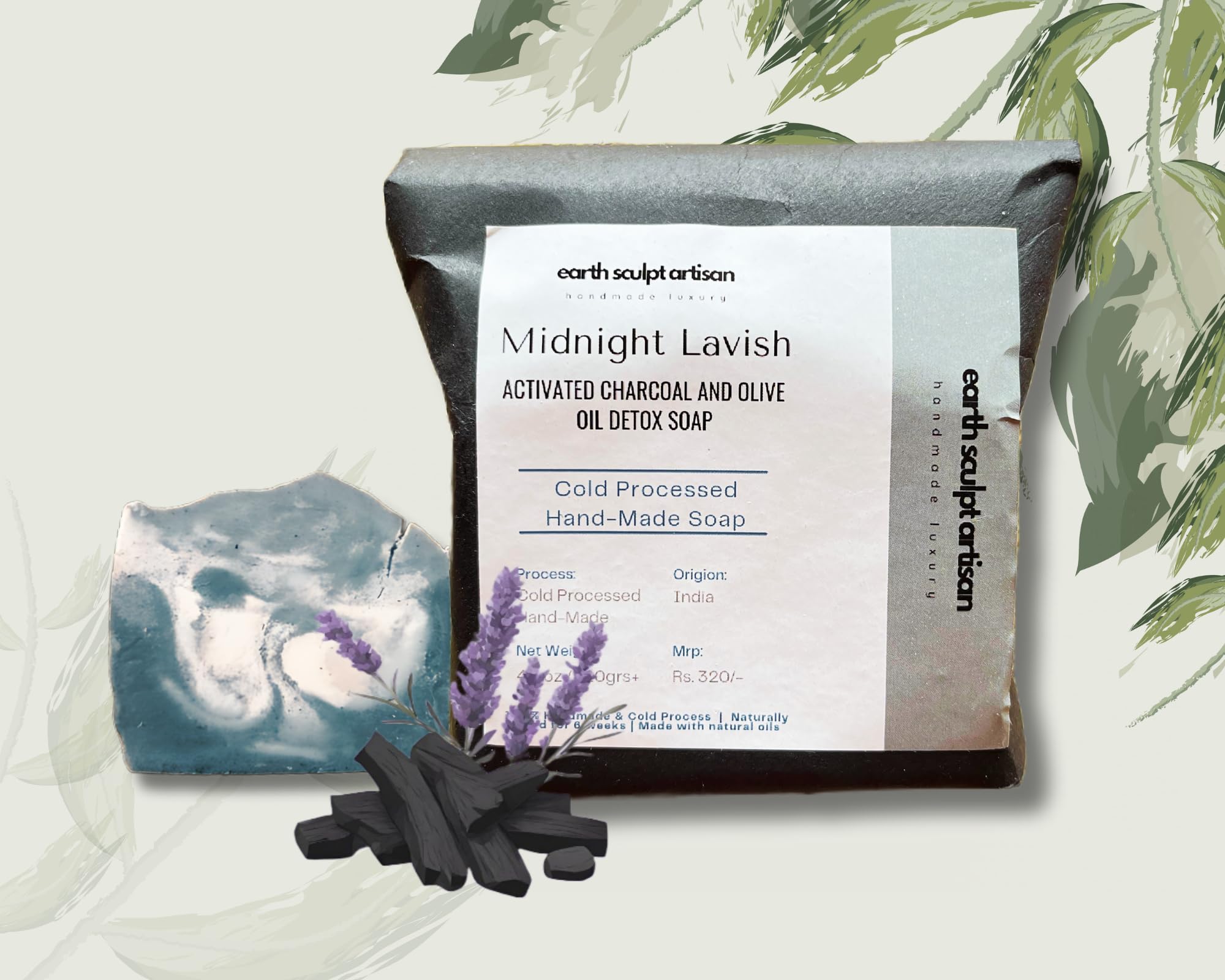 Earth Sculpt Artisan Cold Processed Handmade Bath Soap | Activated Charcoal & Lavender | Tan Removal, Detoxify & Tightens Pores | Maintain pH balanced |100% Vegan Natural & Paraben Free (120g x 1)