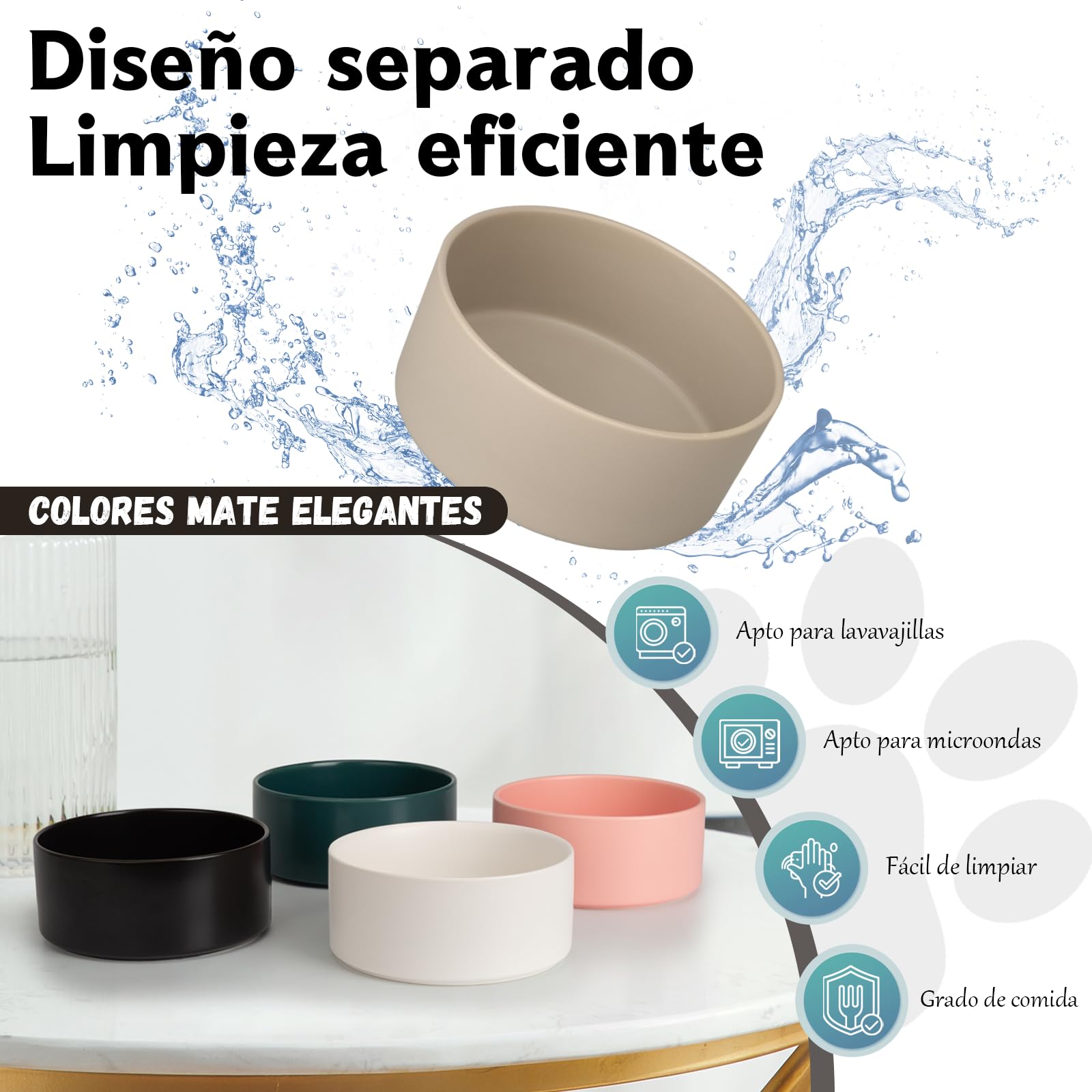 Comedero Perro Elevado de Cerámica - Cuenco para Perros Pequeños y Medianos - Plato Comida con Soporte de Acero Inoxidable - 850 ml - Gris