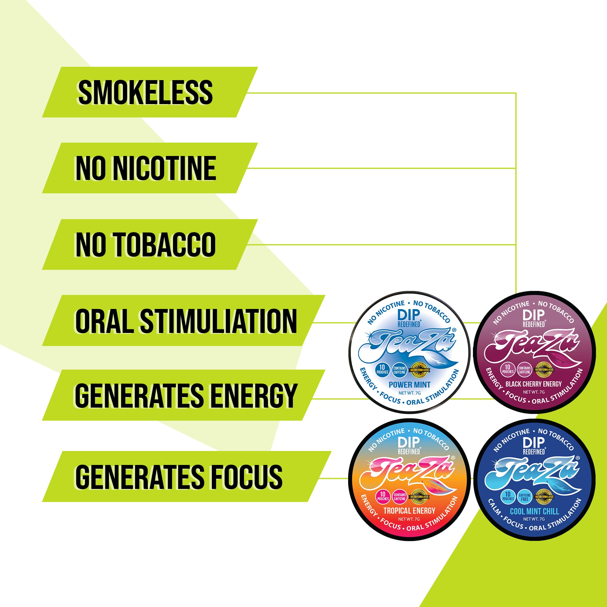 New Teaza Herbal Energy Pouch Mixed (4 Pack) Power Mint-Tropical-Cool Mint Chill-Banging Black Cherry