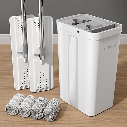 Miniatura 12 de Juego de trapeador y cubo, trapeadores planos para limpieza de pisos, trapeador de pared con mango extensible de 60 pulgadas, mopa de piso de madera