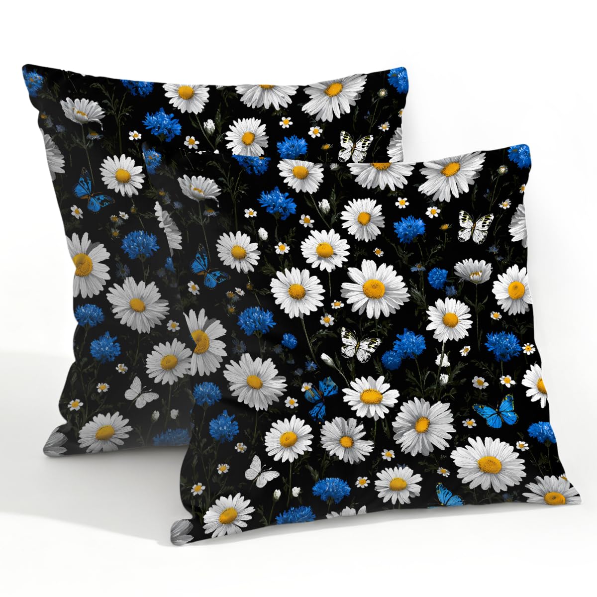 Outdoor Pillow Covers Waterproof Pillowcases 22x22in Set of 2 Daisy Floral Wildflowers On Black Decorative Throw Cushion Case for Couch Sofa Garden Patio Furniture