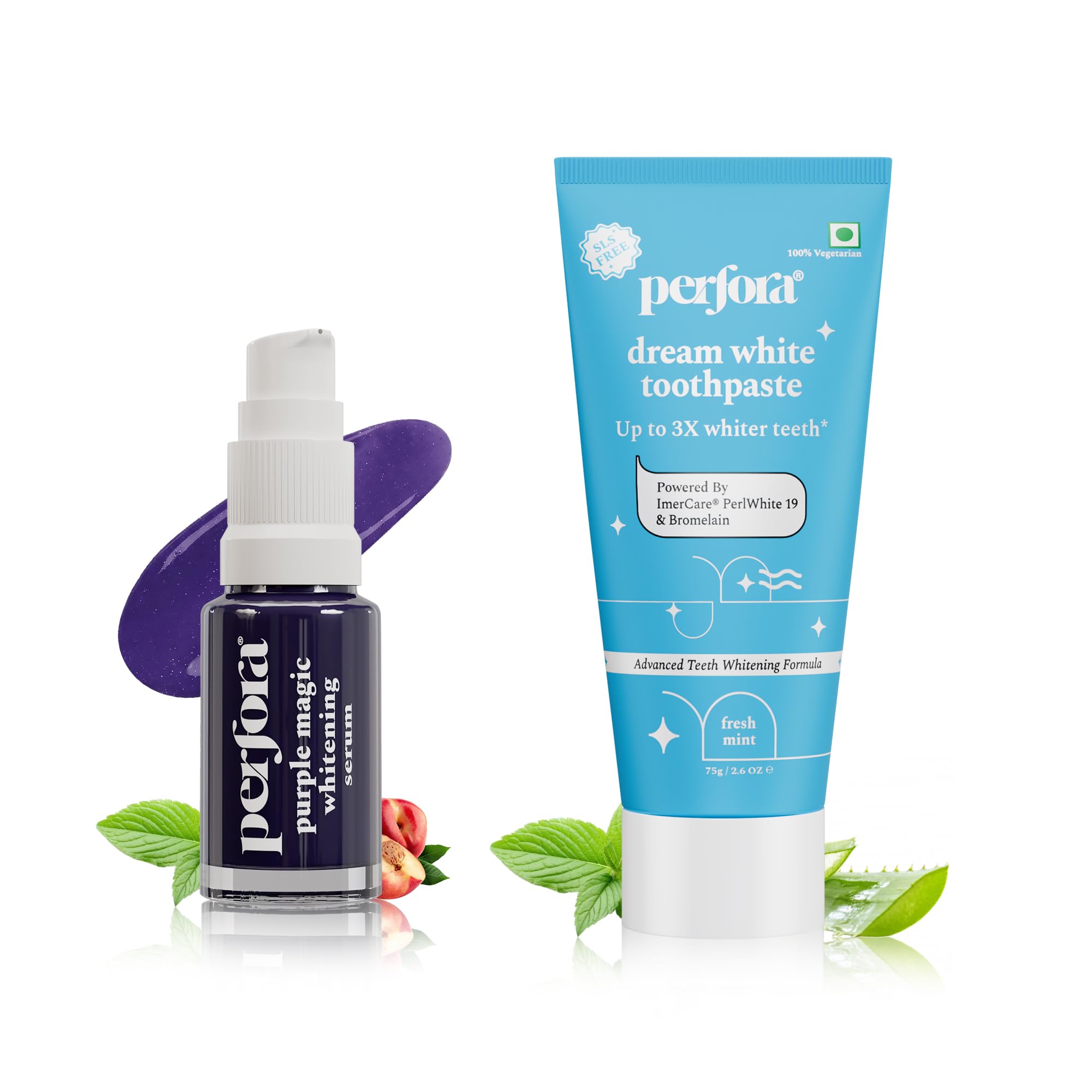 Perfora Teeth Whitening Mini Combo | Purple Serum & Dream White Toothpaste | SLS & Fluroide Free Tooth paste | N-Ha For Teeth Remineralisation | Enamel Safe & Effective Teeth Whitener Solution
