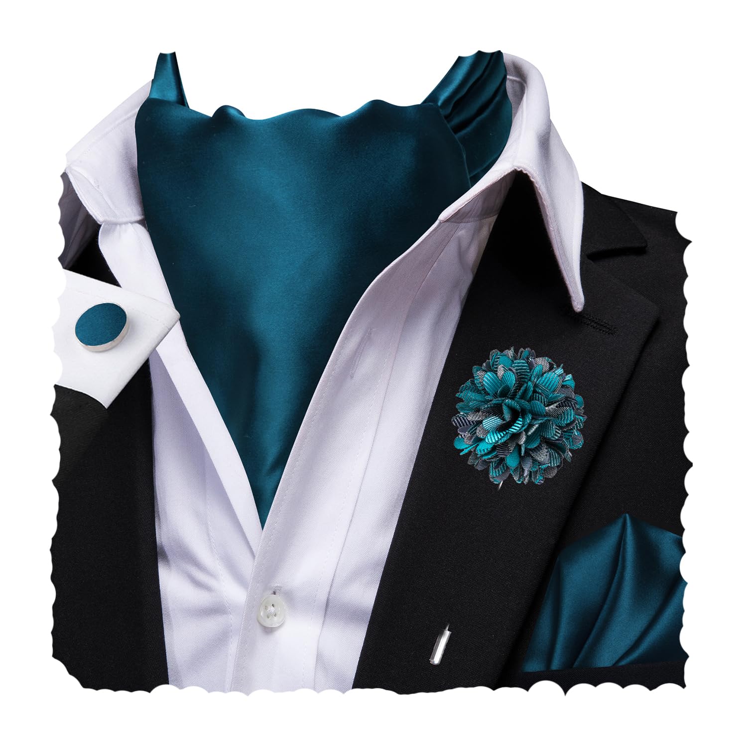 Hi-Tie Silk Ascot for Men Self Tie Men's Cravat and Flower Lapel Pin Handkerchief Cufflinks Set for Wedding Party