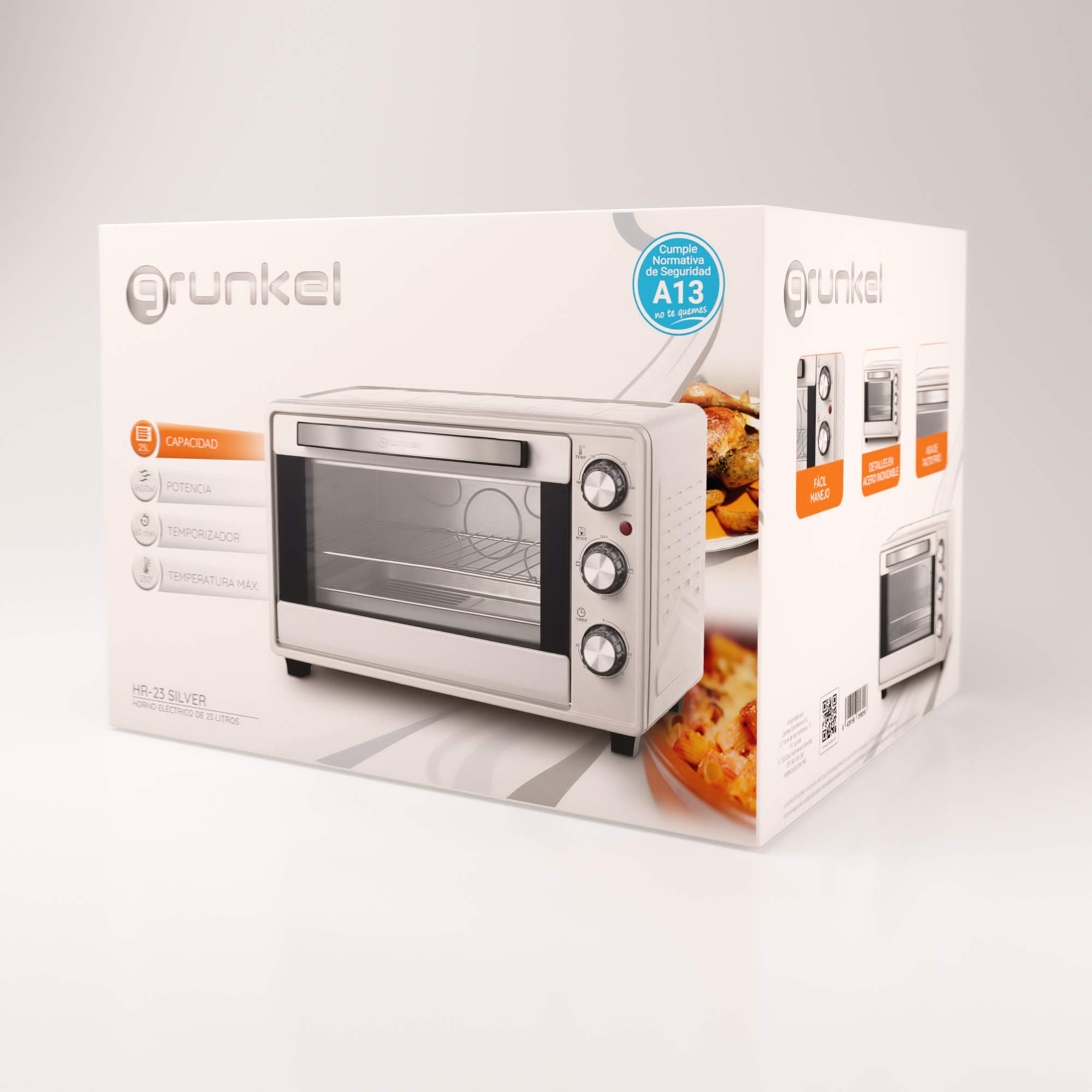 Grunkel Horno eléctrico multifunción de sobremesa de 23L con 3 funciones de calor y selector de temperatura hasta 230ºC. Temporizador hasta 60 min - 1600W