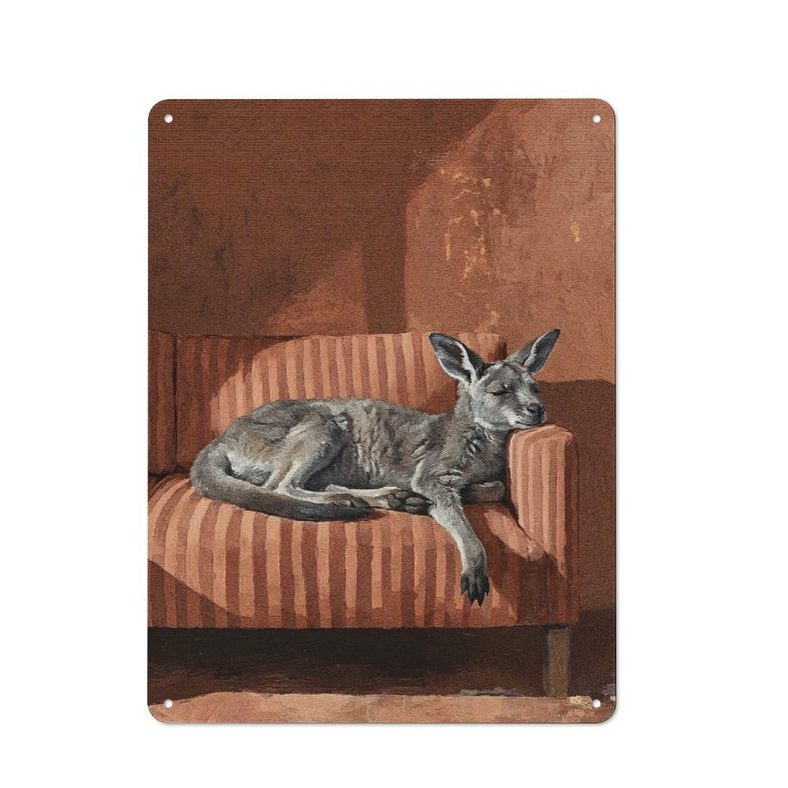 Junmoney Style-6 Metal Wall Sign 40X30cm Featuring Kangaroo Napping On Striped Couch For Café Or Home Bar, For Collectors Decorating Cafés And Home Bars