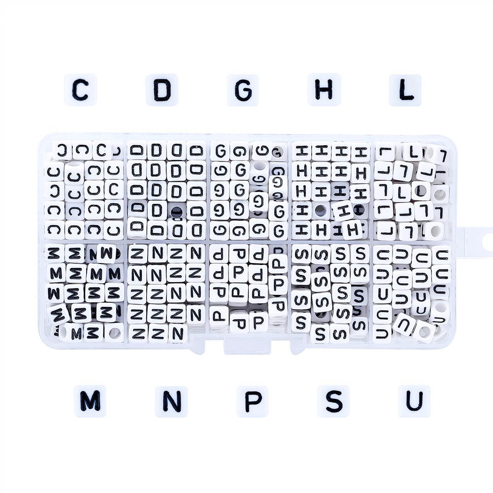 PandaHall 400pcs 6mm White Acrylic Alphabet Cube Beads Large Hole Square with Black Letter C/D/G/H/L/M/N/P/S/U Beads Plastic Charms Bead for Jewelry Making Bracelet Key Chains