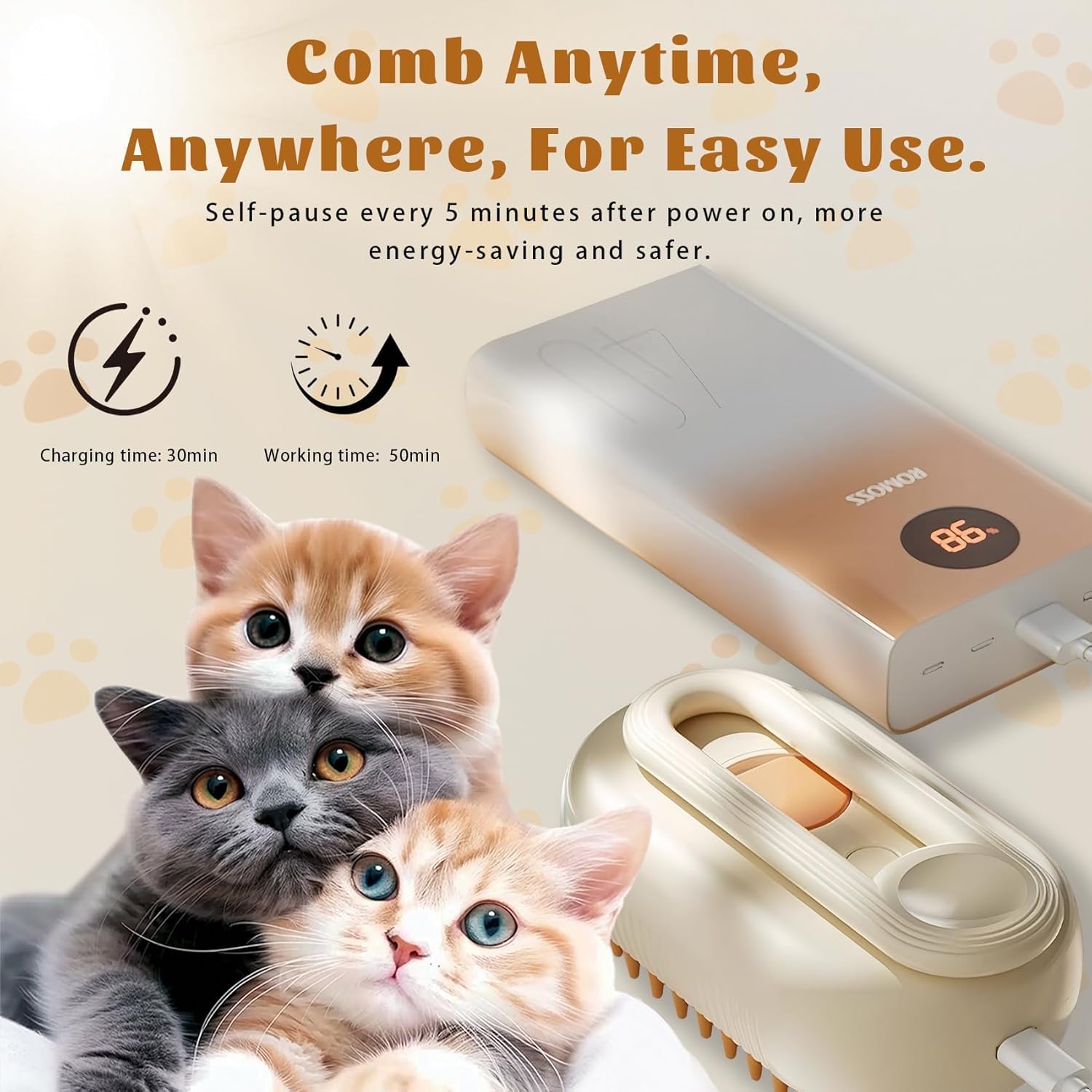 Cepillo de vapor para gatos, cepillo de vapor recargable para mascotas, para desprendimiento, cepillos de masaje en spray de agua, depilación de perro, cepillo de limpieza automático, peine