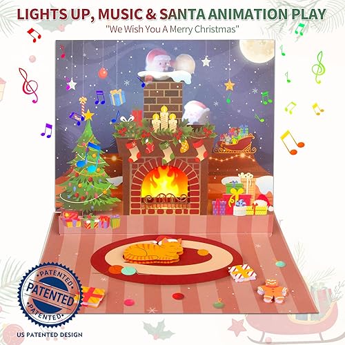 Miniatura 3 de Tarjetas de Navidad con proyecciones animadas de Papá Noel, 3D Pop Up Christmas Gift Tarjetas de felicitación con música y luces, reproducción de