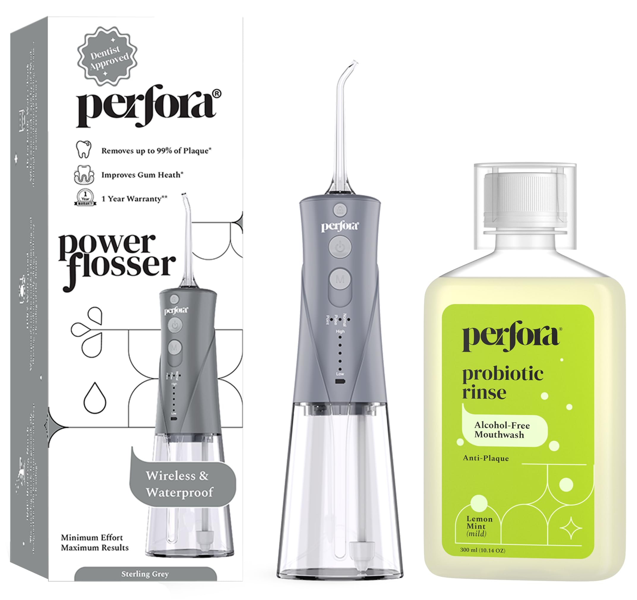 Perfora Power Water Dental Flosser | 1 Year Warranty | Dental Flosser For Teeth Oral Care, 3 Modes, Alcohol-free Anti-Plaque Mouthwash, Water Floss - Water Flosser & Mouthwash Combo |Lemon Mint, Grey (B0CDCC769N) Amazon Price History, Amazon Price Tracker
