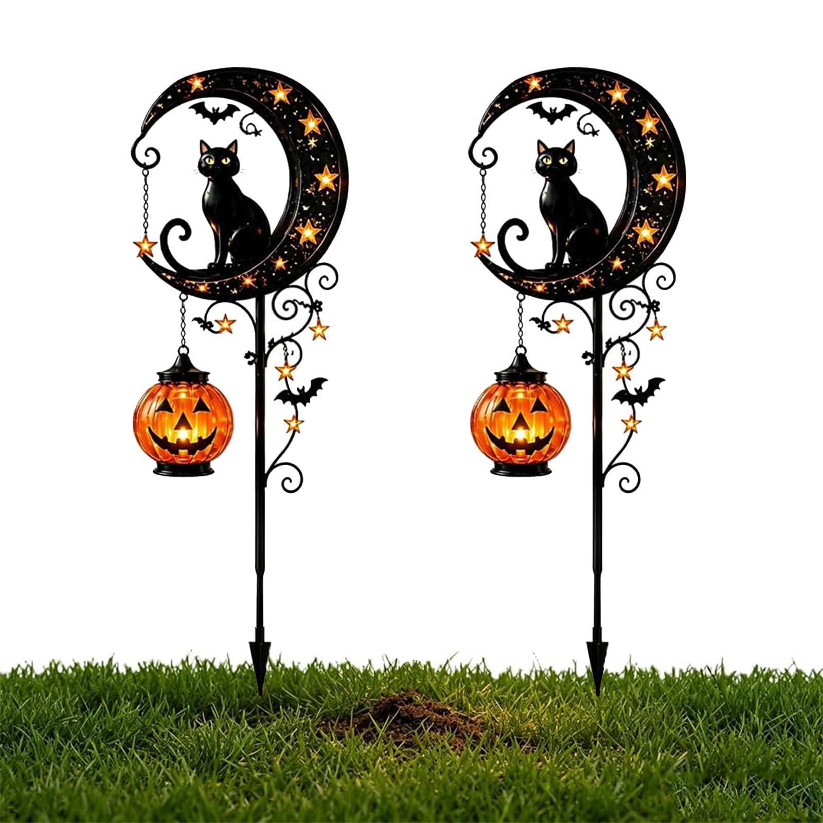 Pealeaf Solar Halloween Black Cat & Pumpkin Moon Garden Stake Light, Outdoor Waterproof LED Yard Decoration with Crescent Moon, Hanging Jack-o'-Lantern Lantern for Garden, Patio, Walkway, Porch (C2)