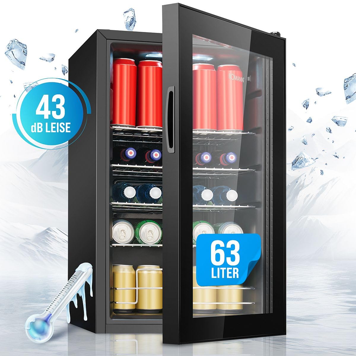 Bomann KSG 7287 Getränkekühlschrank 63 Liter stufenlos regelbar 3-10°C Glastür LED-Beleuchtung leise energieeffizient