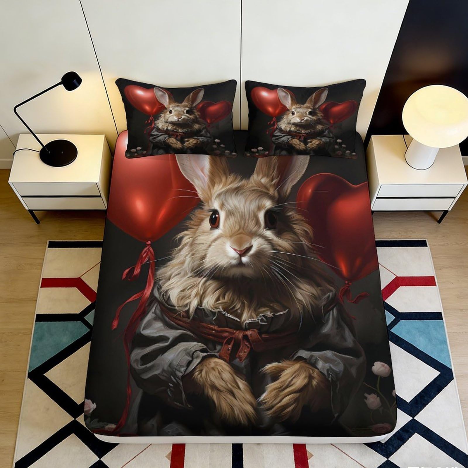 3D Printed Bunny with Red Heart Balloon Fitted Sheet Microfiber Soft Mattress Cover for Bedroom Dorm Decor 160x200x25cm