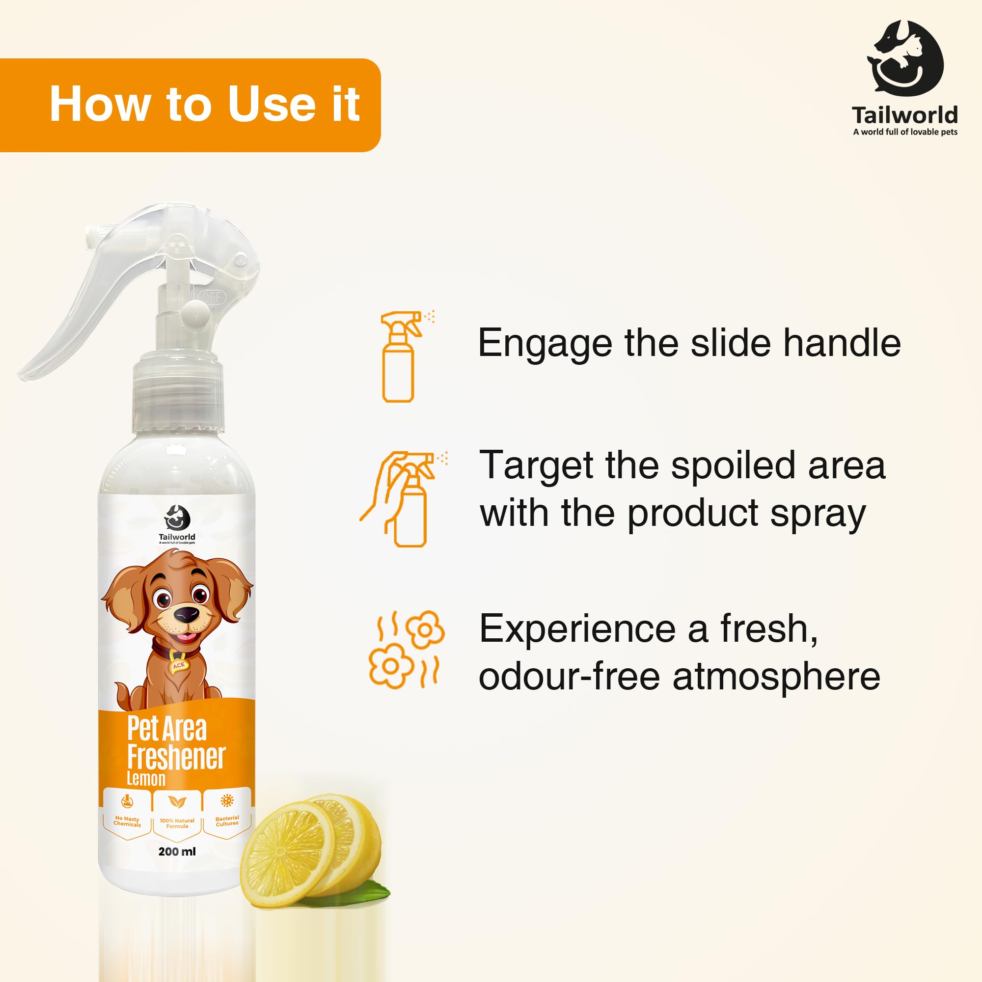 Tailworld Pet Area Freshener & Odour Remover Spray (200ml) | Eliminates Urine Smell, Safe for Pets & Home | Eco-Friendly Deodorizer for Floors, Carpets & Furniture (Lemon) 1