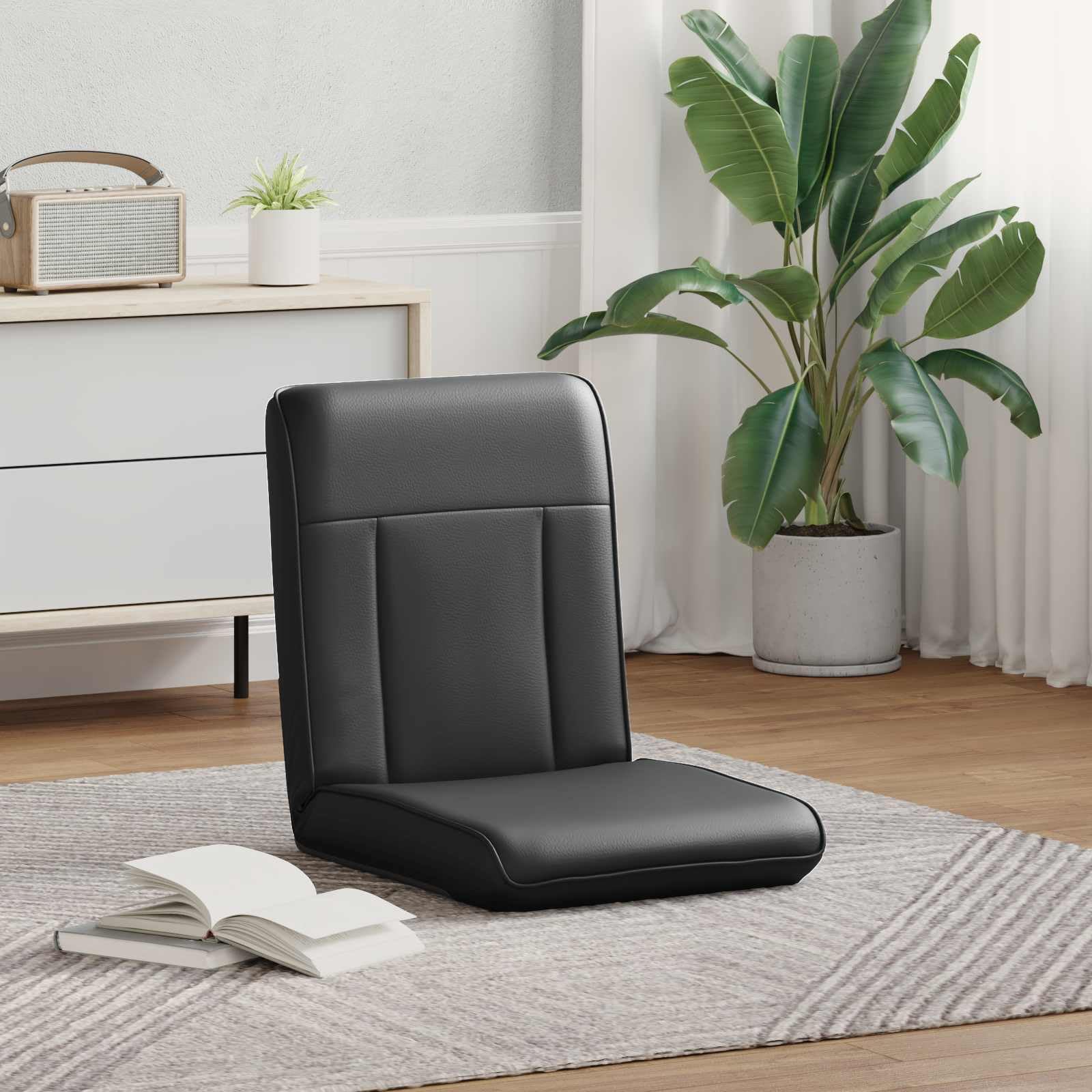 Regulowane czarne krzesło podłogowe ze sztucznej skóry z ergonomicznym oparciem, wyściełane, składane, do salonu, gier, czytania, jogi, z trwałą metalową ramą, wszechstronne zastosowanie