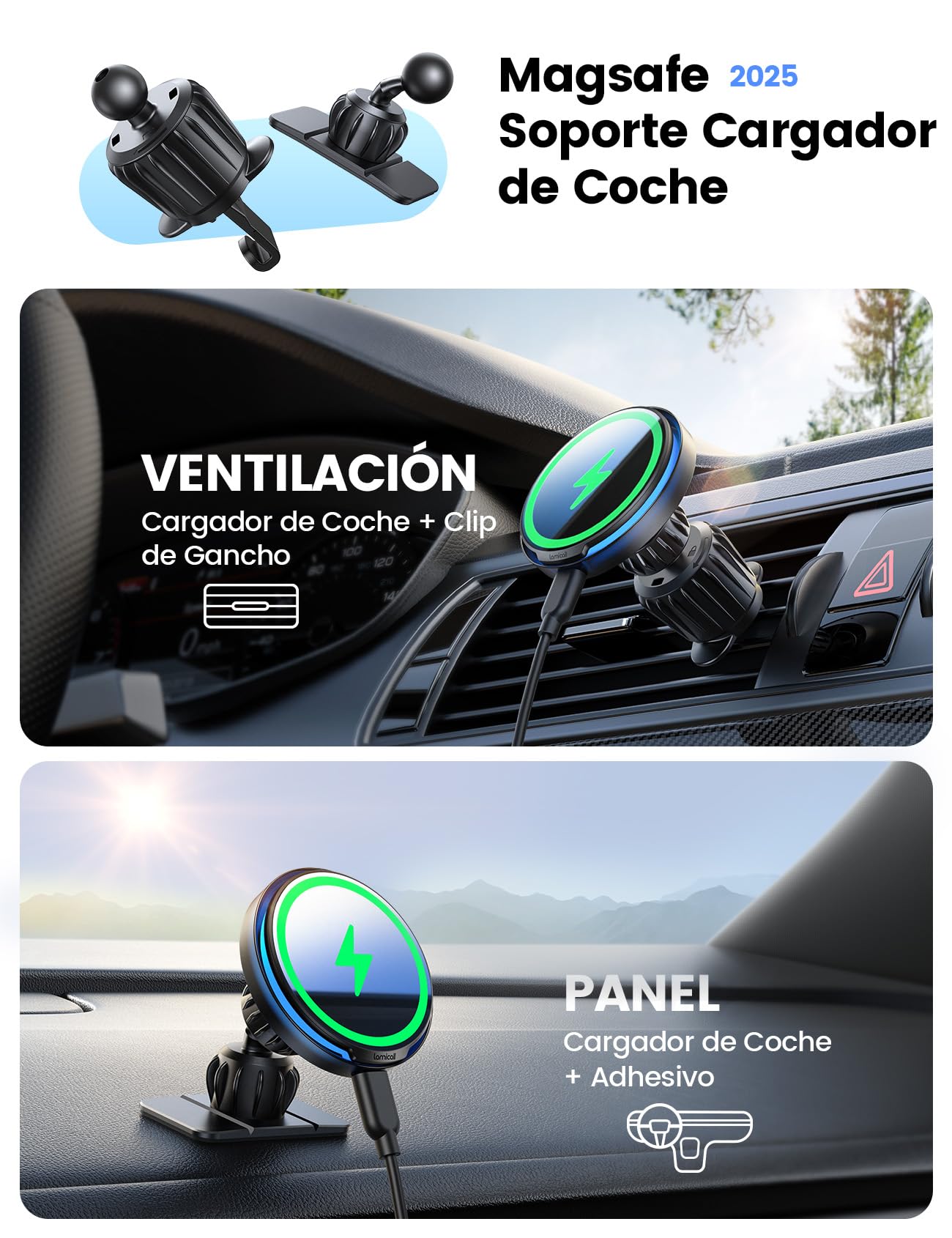 Lamicall 15W Cargador Inalámbrico Coche para MagSafe - [Super Magnetismo] Soporte Movil Coche para MagSafe para Salpicadero y Rejilla de Ventilación, para iPhone Series 17 16 15 14 13 12 11