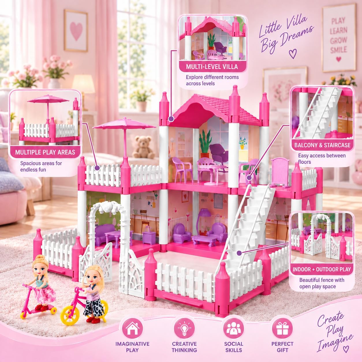 Pink Doll House - 4 Room Castle Playset -8 Pink Doll House - 4 Room Castle Playset -8