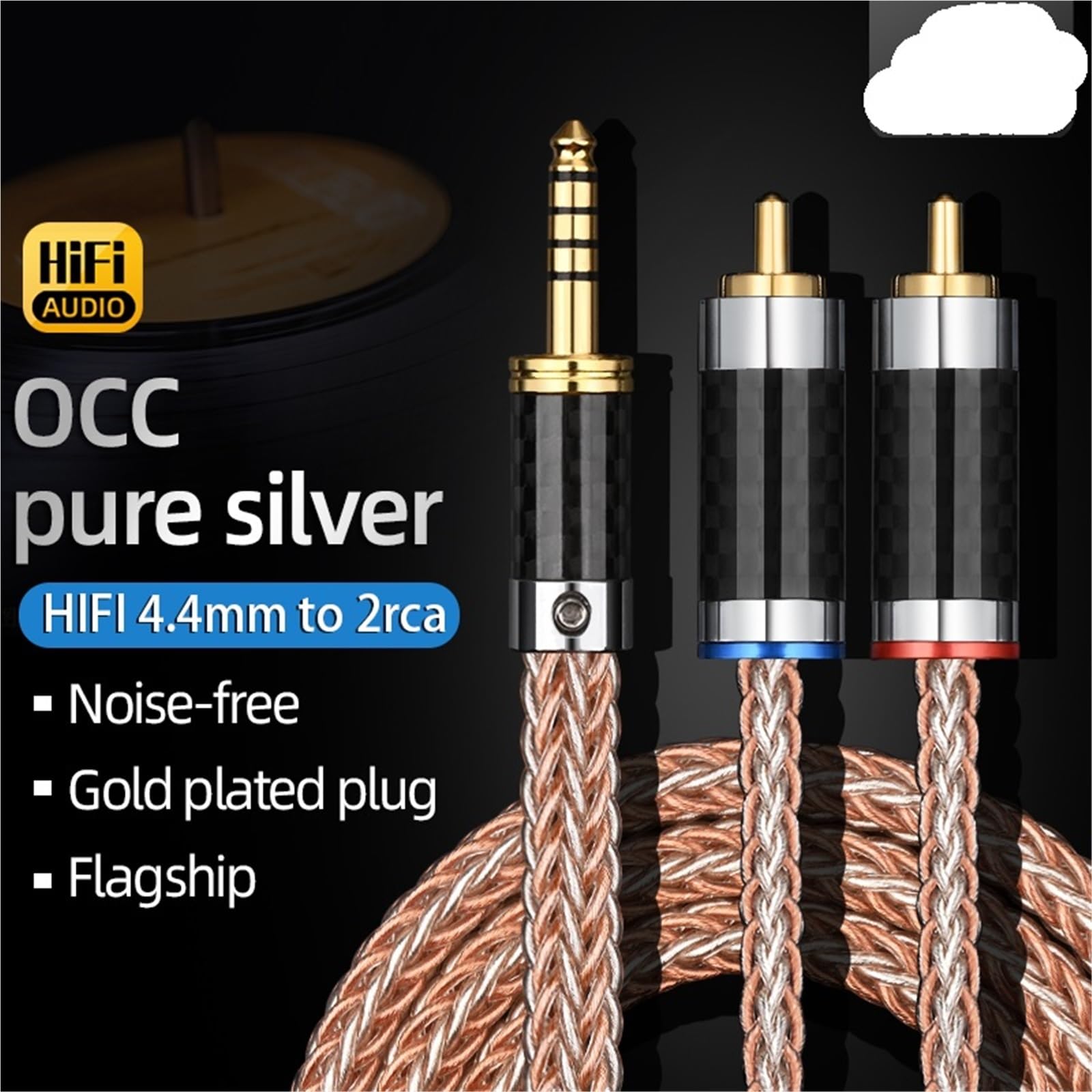 Kabel audio HiFi 4,4 mm na 2 RCA i czysty srebrny kabel stereo 4,4 mm na 2 RCA męski do iPhone'a, MP3, DVD (0,5 m)