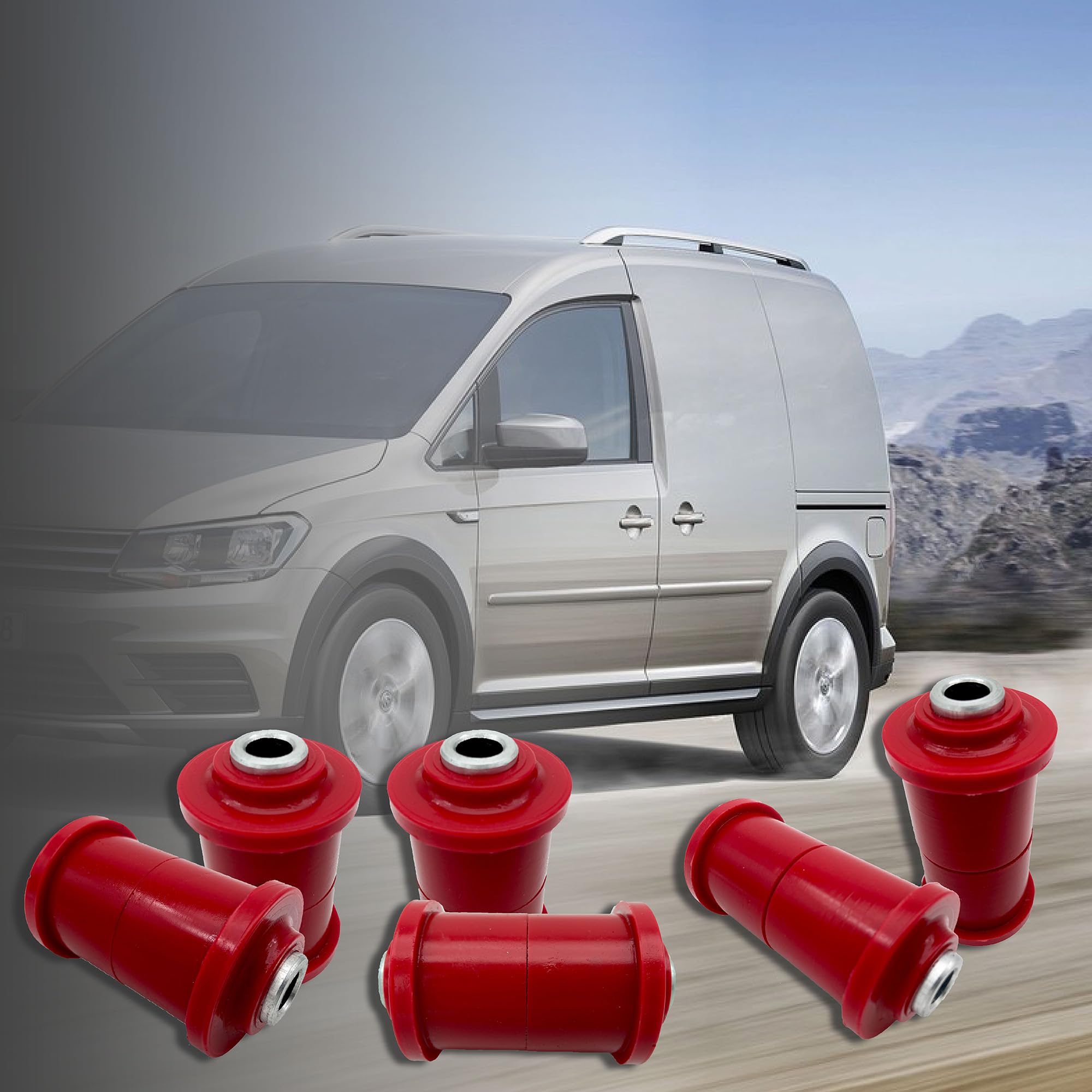 PSB Bushings - kompletny zestaw gniazd poliuretanowych do tylnej sprężyny i górnego pałąka - kompatybilny z VW Caddy 2004-2020