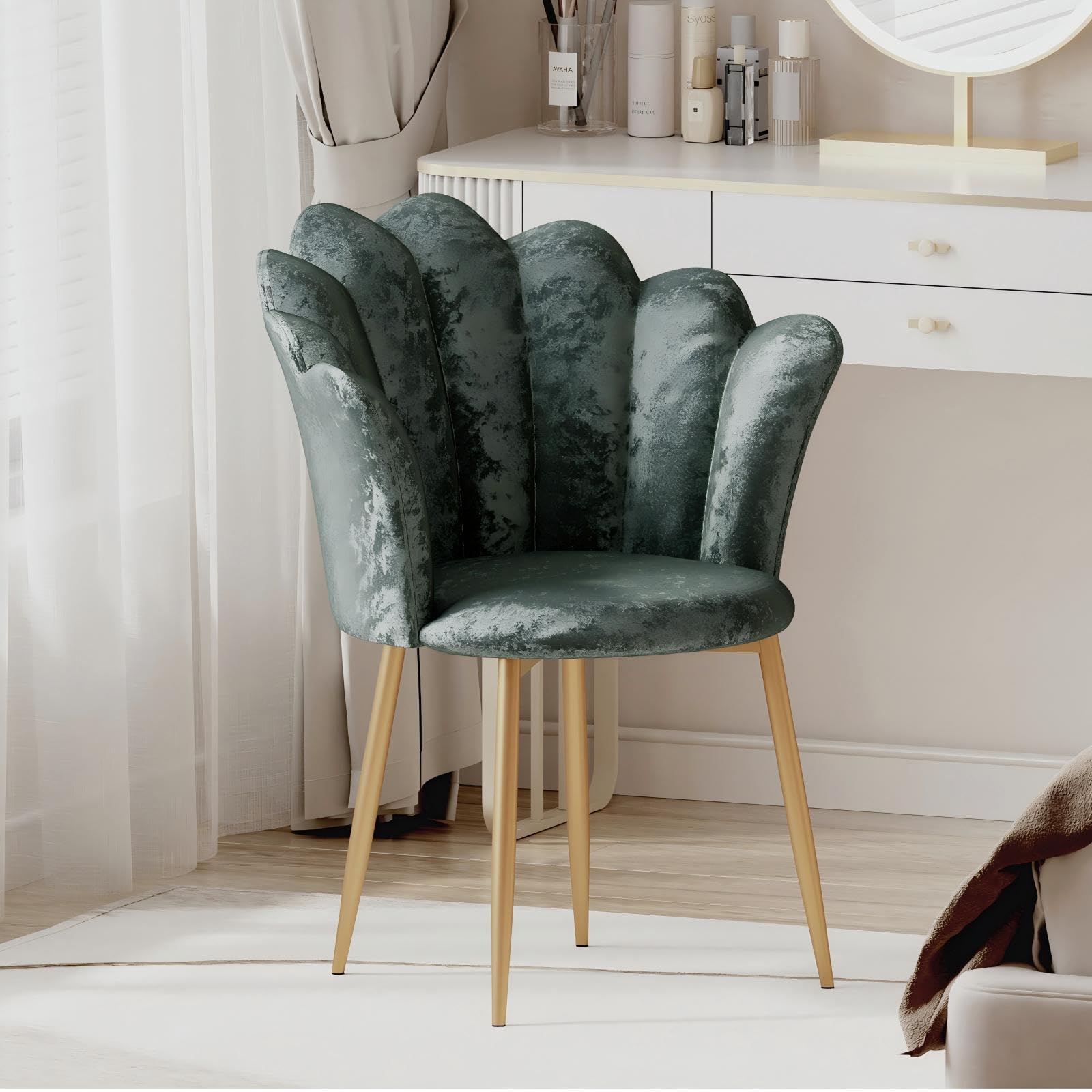 Modern Armchair Tub Chair, Crushed Velvet Vanity Dressing Table Chair with Curved High Back and Gold Plating Metal Legs for Bedroom, Living Room, Salon, Dark Green