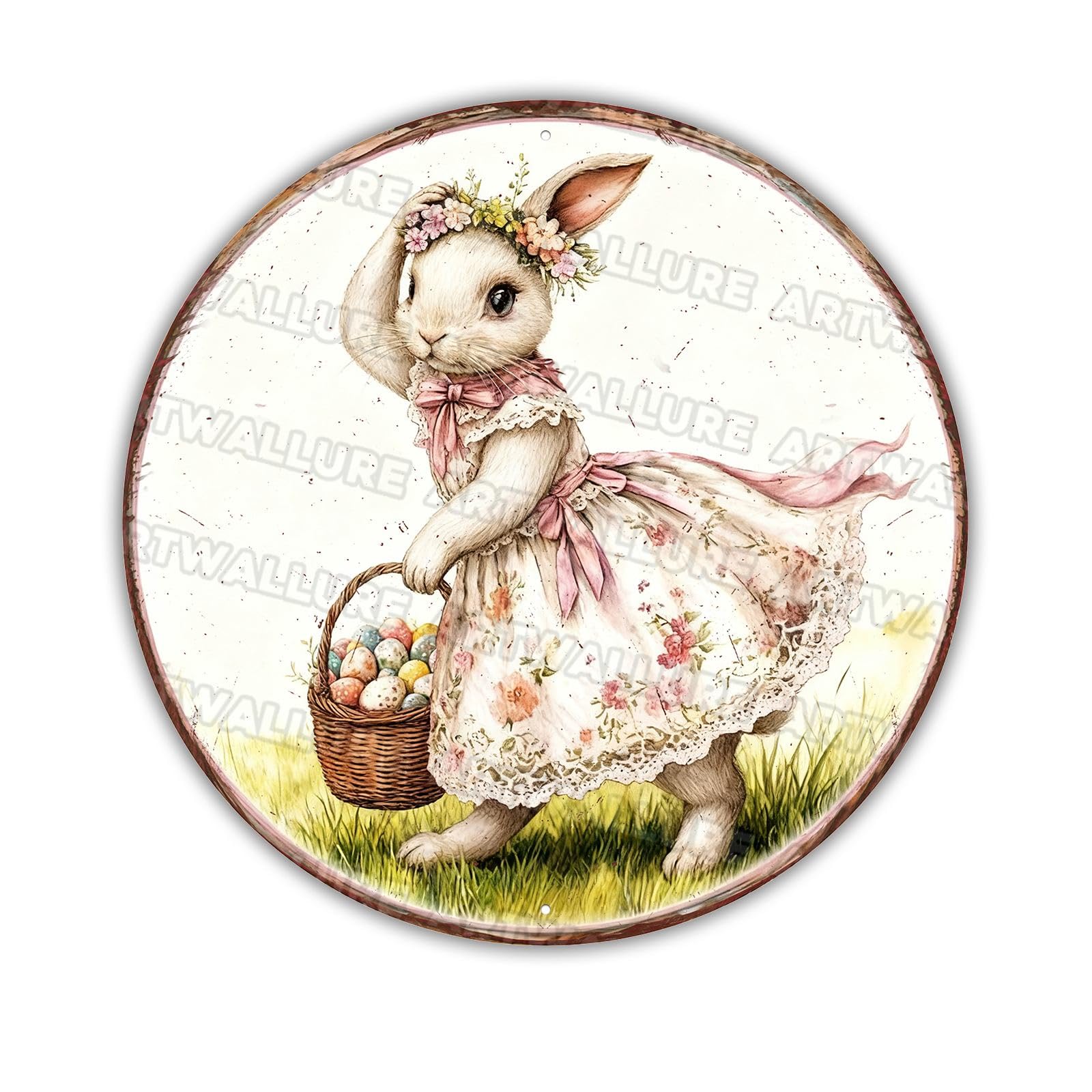 Cute Rabbit with Basket Wreath Metal Sign Floral Easter Design Rustic Farmhouse Wall Art For Spring Home Decor Front Door Display 8x8Inch