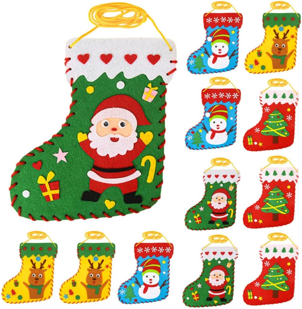 JOINPAYA 12PCS DIY Christmas Stocking Making Kits: Felt Santa Craft Applique Stocking Bag for Holiday DIY Arts and Crafts Felt Christmas Stocking Making Kits