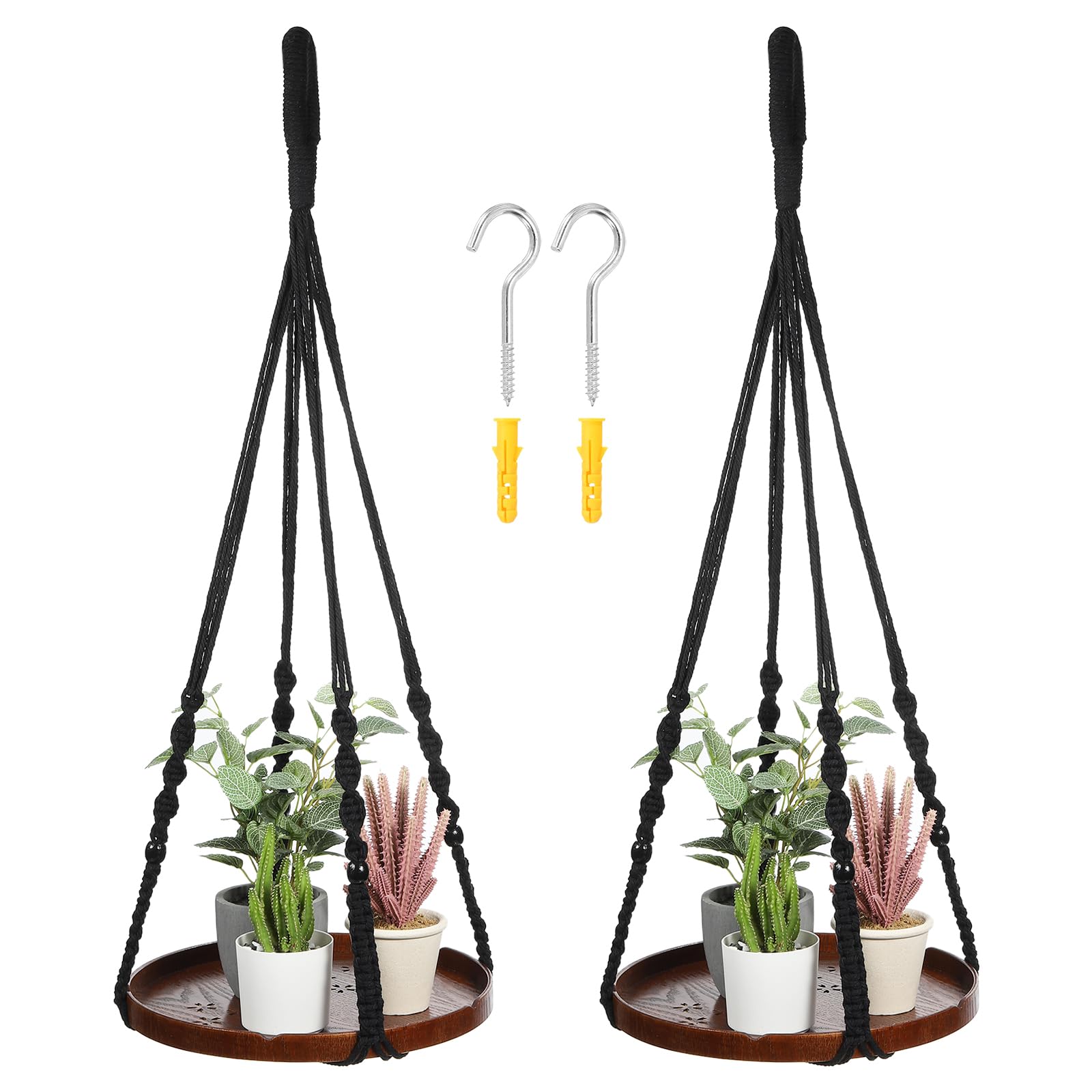 PATIKIL Macrame Plant Hangers Indoor, 2 Pack Hanging Plant Shelf with Sturdy Wood Base for Home Decor Hanging Wall Ceiling Window Black