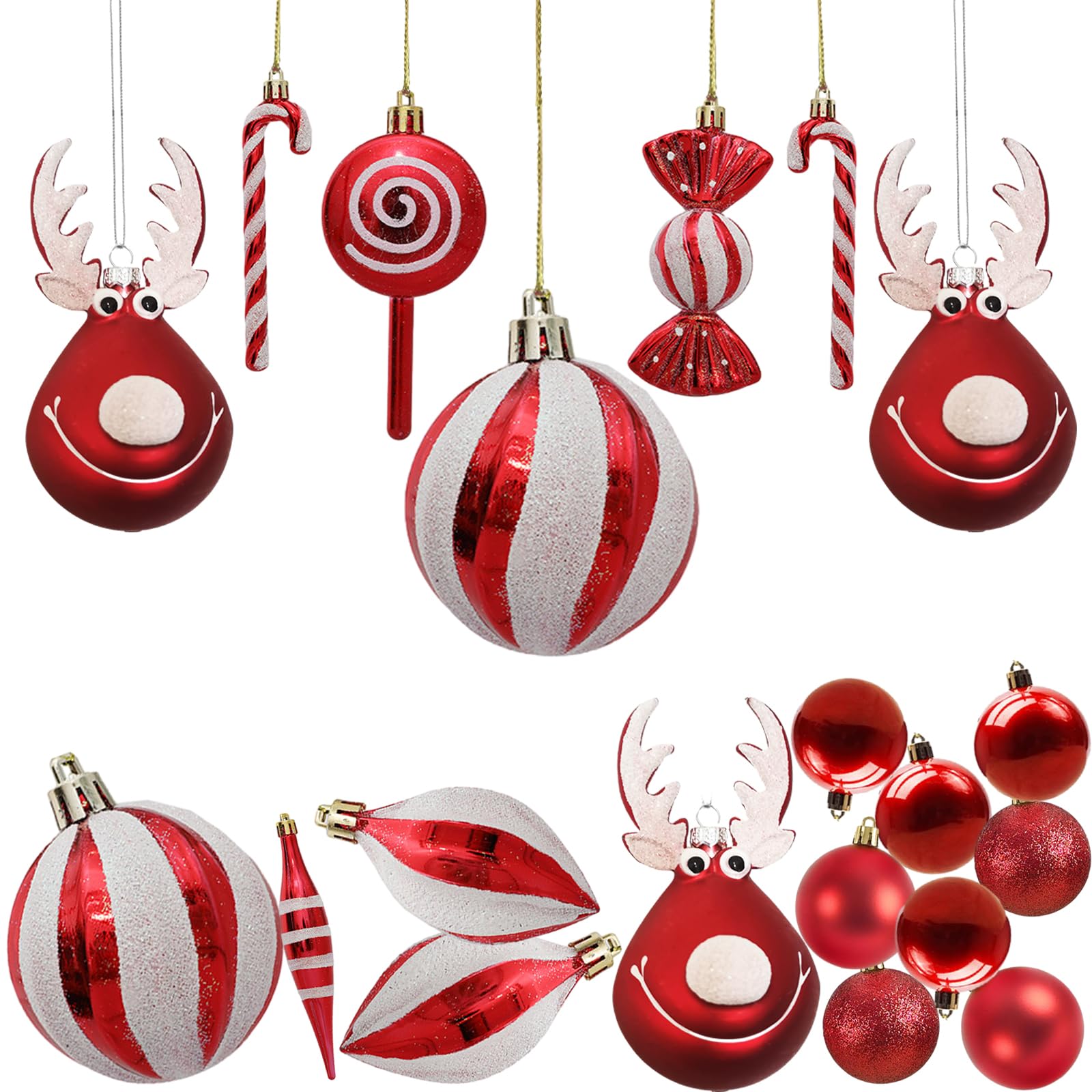 24pcs Christmas Ball Ornaments for Tree, Xmas Elk Candy Crutches Christmas Tree Hanging Balls Decorations, Shatterproof Plastic Decoration Ball, Xmas Decorative for Home Holiday Party Decor