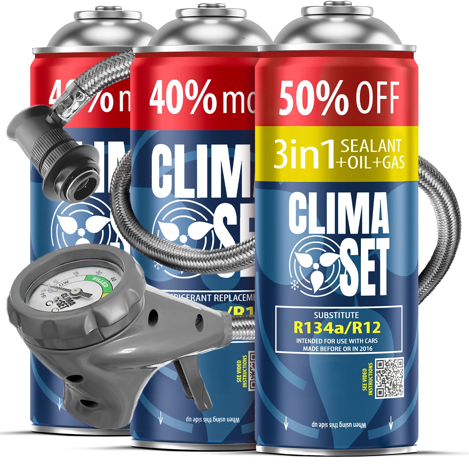 CLIMASET - Kit de recarga de aire acondicionado para coche - 2x Gas y aceite R134a + 3 en 1 R134a + manguera - Para vehículos de 1994 a 2016, manguera moderna y fácil de usar, manómetro