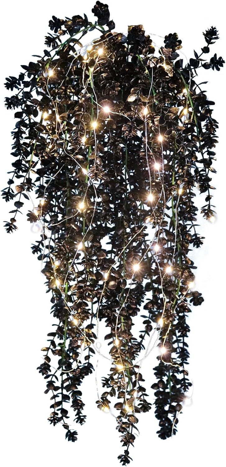 Black Hanging Flowers with Lights Faux Hanging Plants Black Artificial Hanging Plant Fake Greenery F...