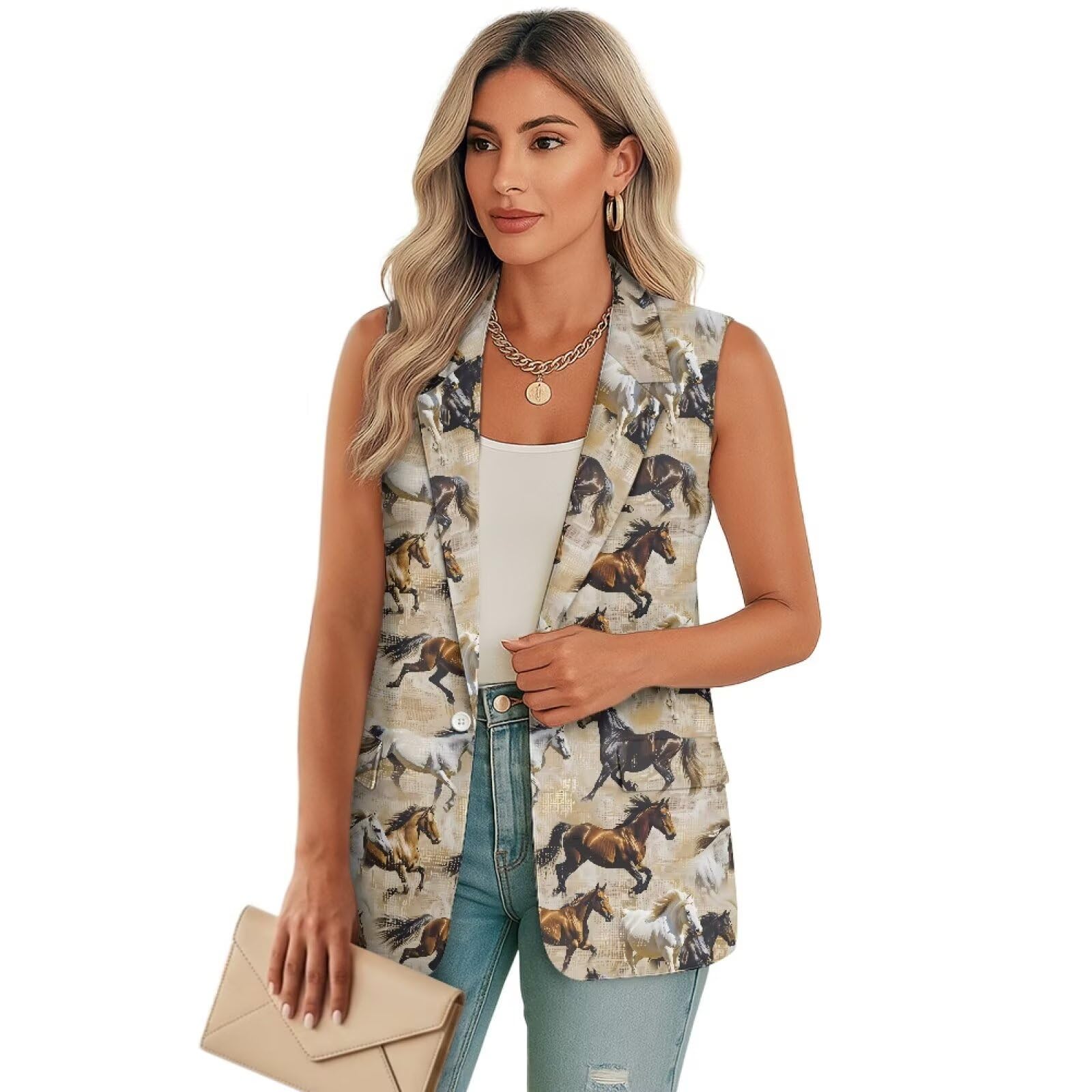 Womens Suit Vest Sleeveless Vest Tops Casual Blazer Vests Jackets Lightweight One Button Waistcoat with Pockets
